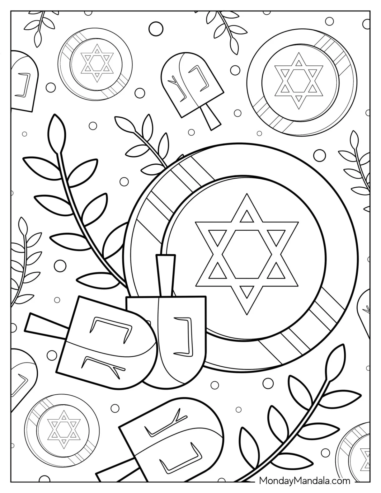 Chocolate Gelts With Dreidels Coloring Page coloring page — printable line art