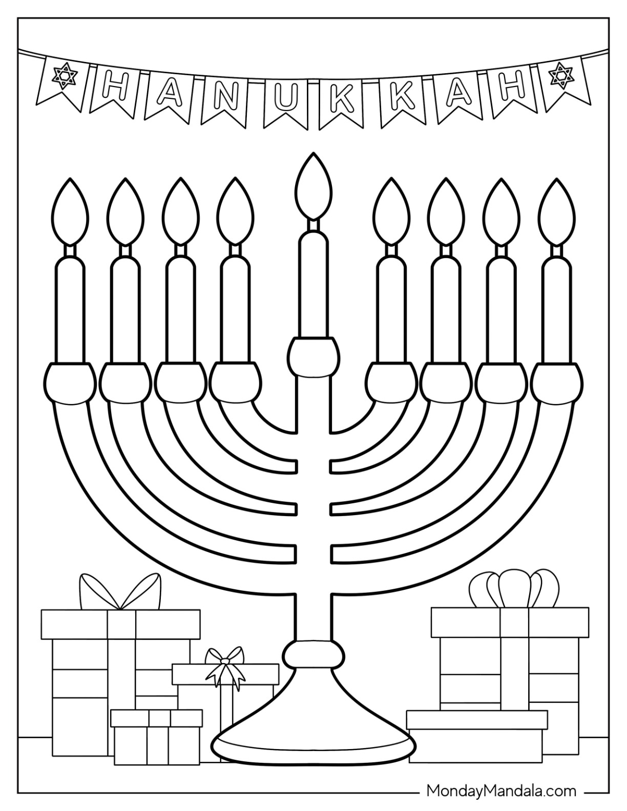 Easy Menorah Outline With Hanukkah Banner On Top Coloring Page coloring page