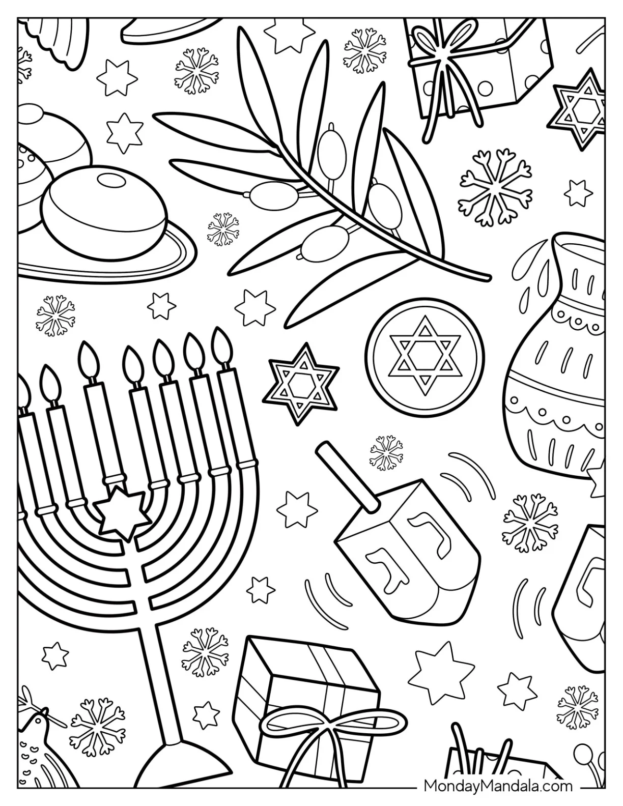 Hanukkah Sufganiyot, Chocolate Gelt, Menorah, Star Of David, And Dreidel Coloring Page coloring page