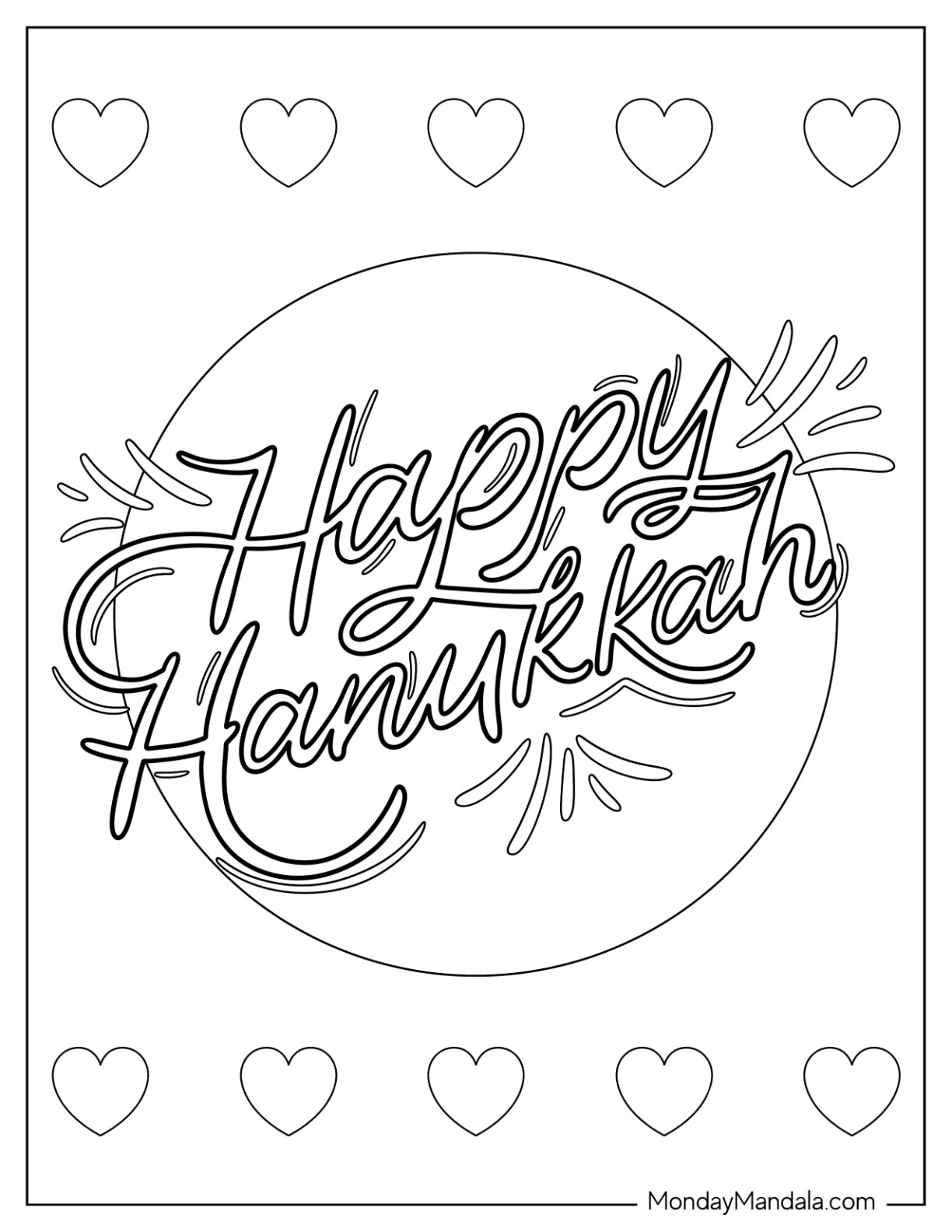 Happy Hanukkah Script Inside Circle Coloring Sheet coloring page — printable line art