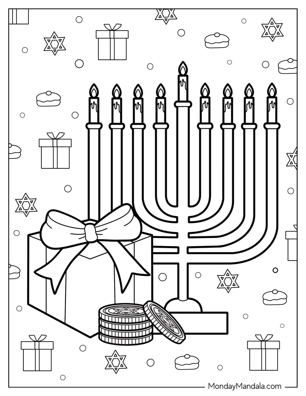 Menorah With Present And Chocolate Gelts Hanukkah Coloring Page For Kids coloring page — printable line art
