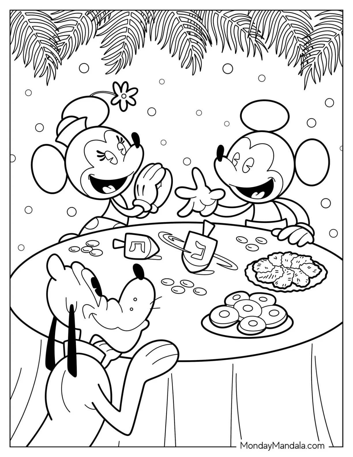 Mickey Mouse, Minnie Mouse, And Pluto Celebrating Hanukkah coloring page — printable line art