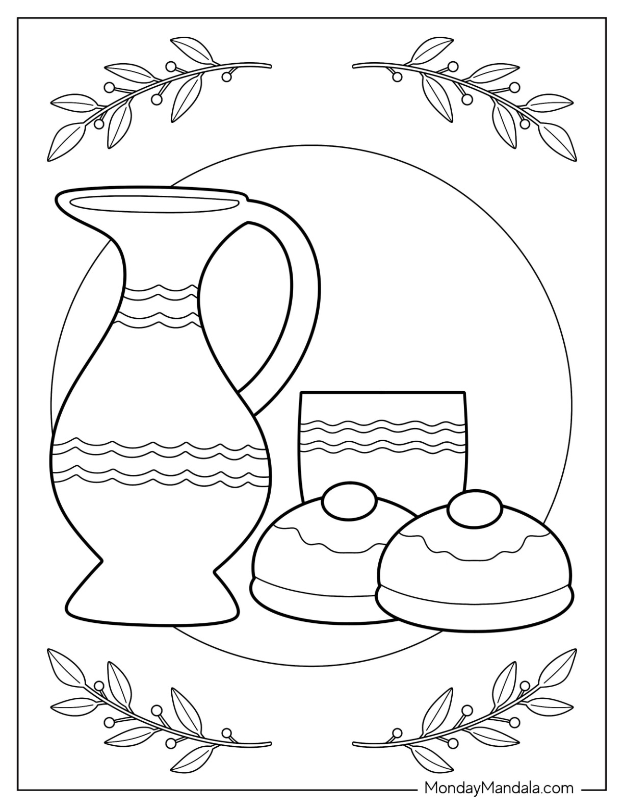 Outline Of Clay Pitcher With A Plate Of Sufganiyah coloring page