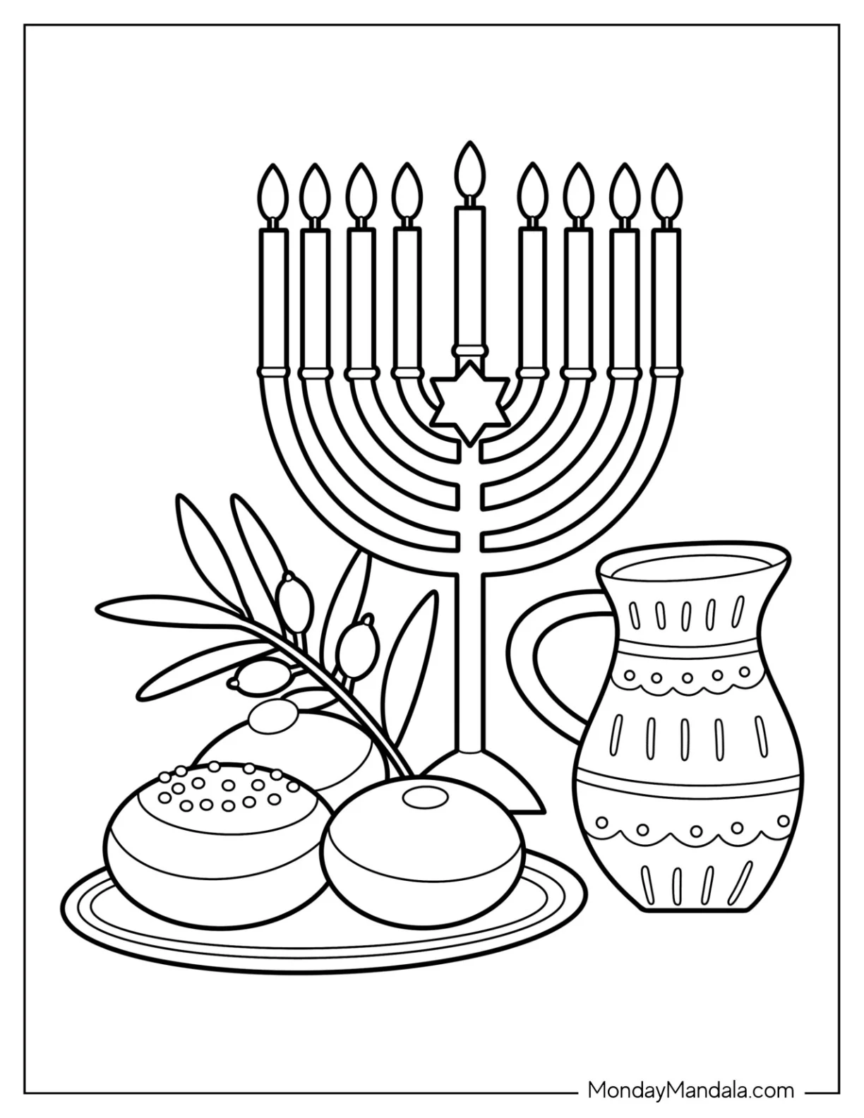 Simple Menorah With Hanukkah Desserts Coloring Page For Kids coloring page