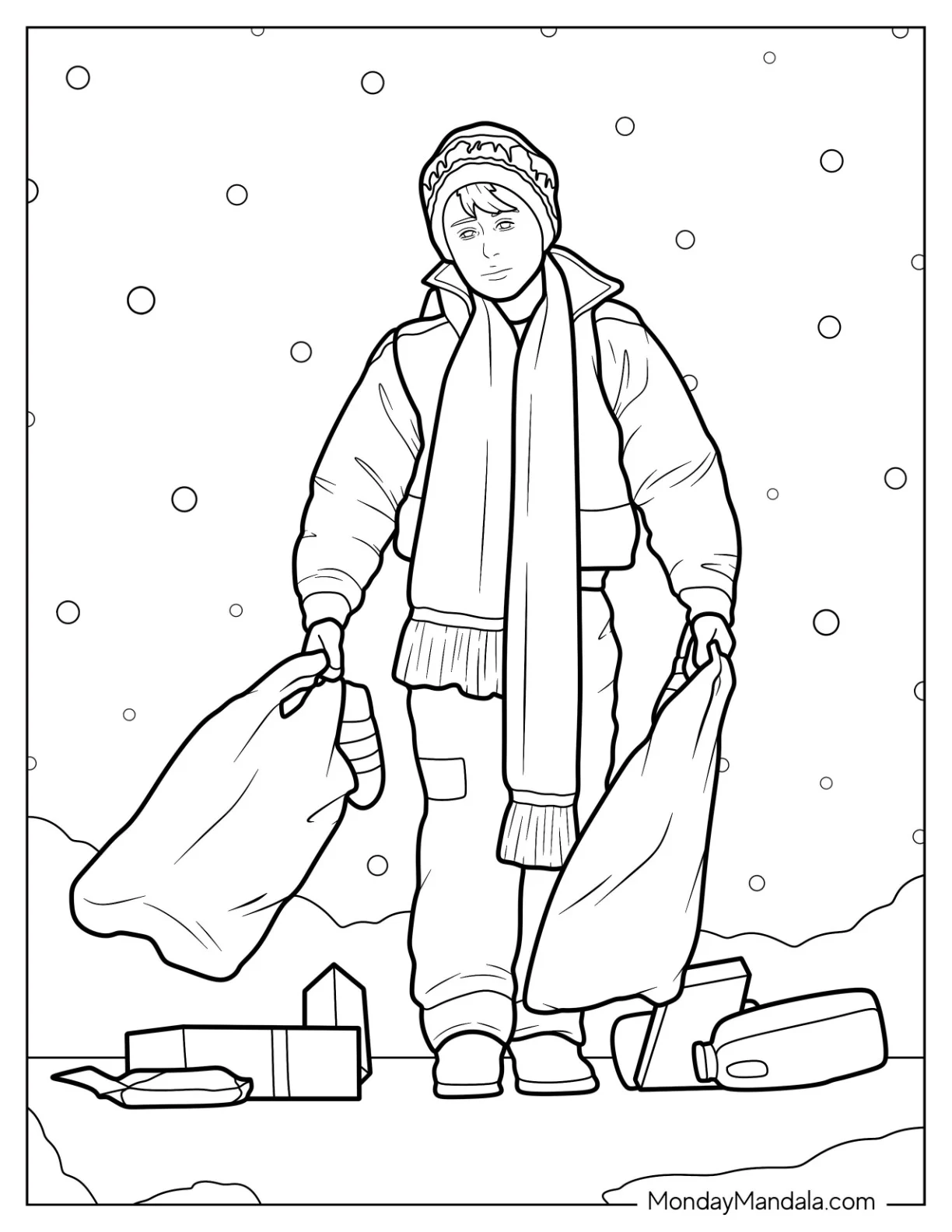 Home Alone Coloring Page Of Kevin McCallister Walking In The Snow With Plastic Bags coloring page