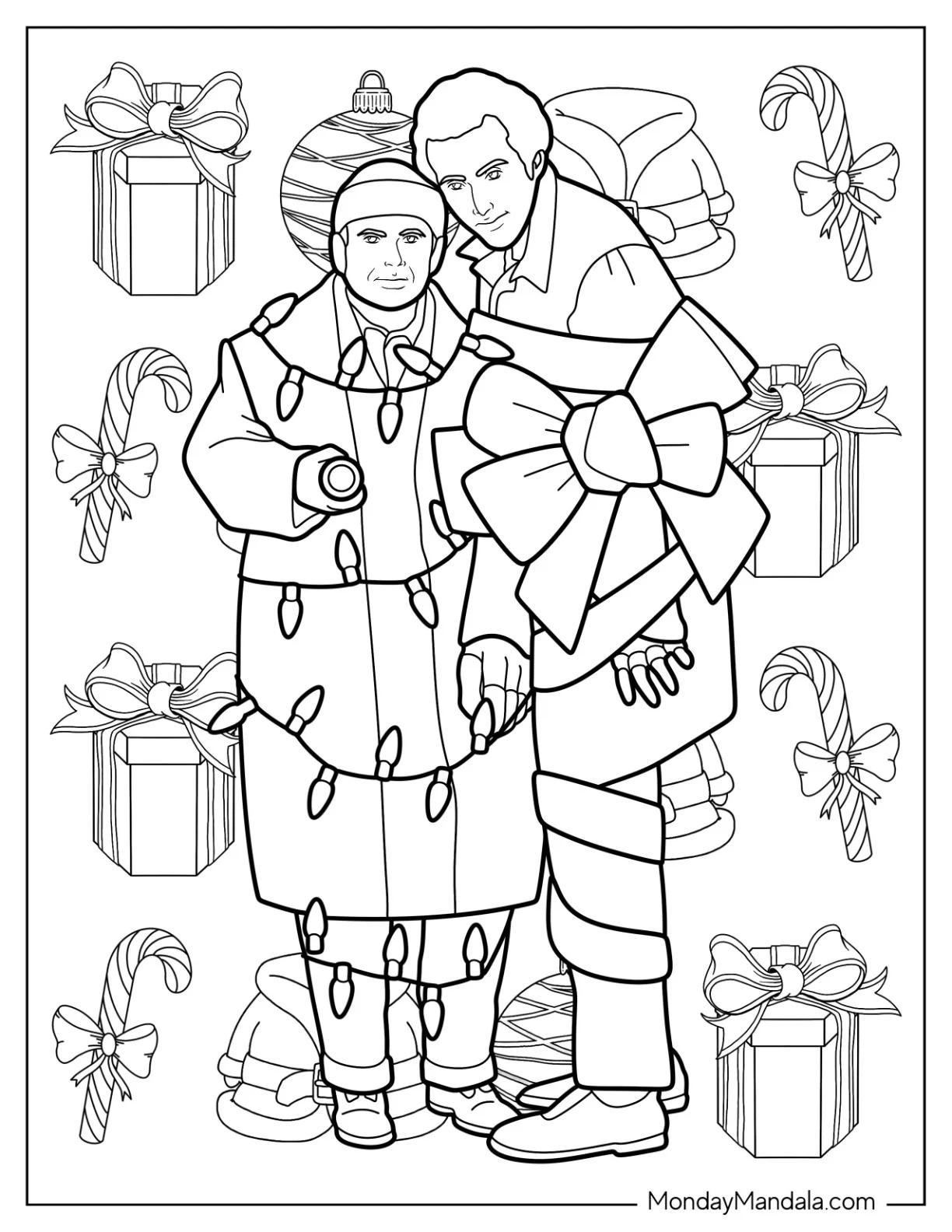 Home Alone Coloring Page Of Marv And Harry Wrapped In Christmas Decor coloring page