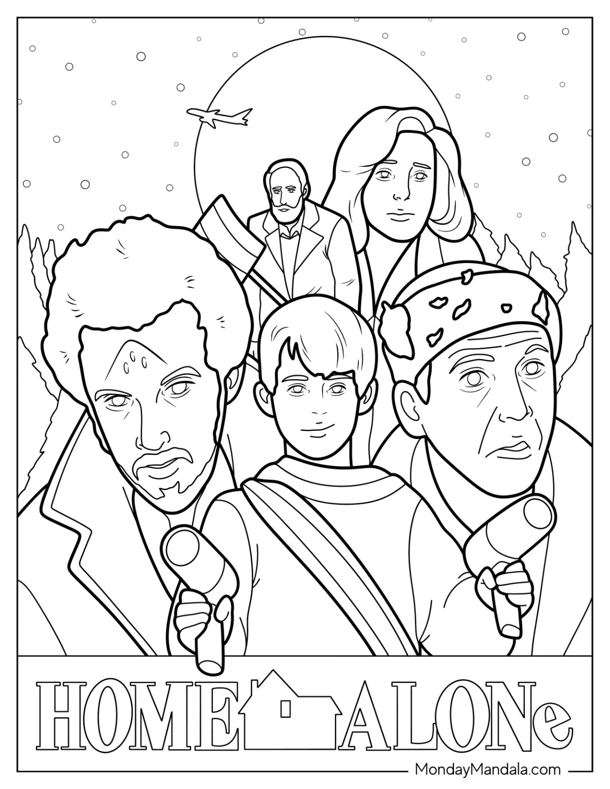 Home Alone Coloring Page Of Movie Poster With Kevin McCallister, Thiefs, The Mother, and The Old Man coloring page