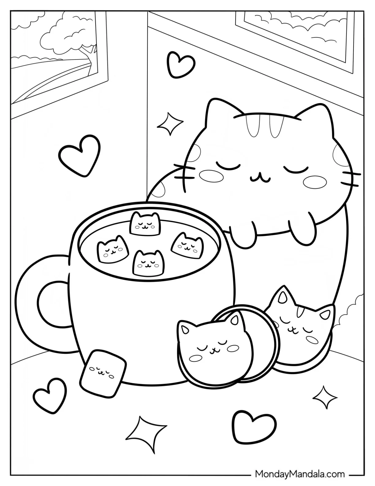 Cartoon Cat Sleeping Next To A Cup Of Hot Chocolate Coloring Page For Kids coloring page