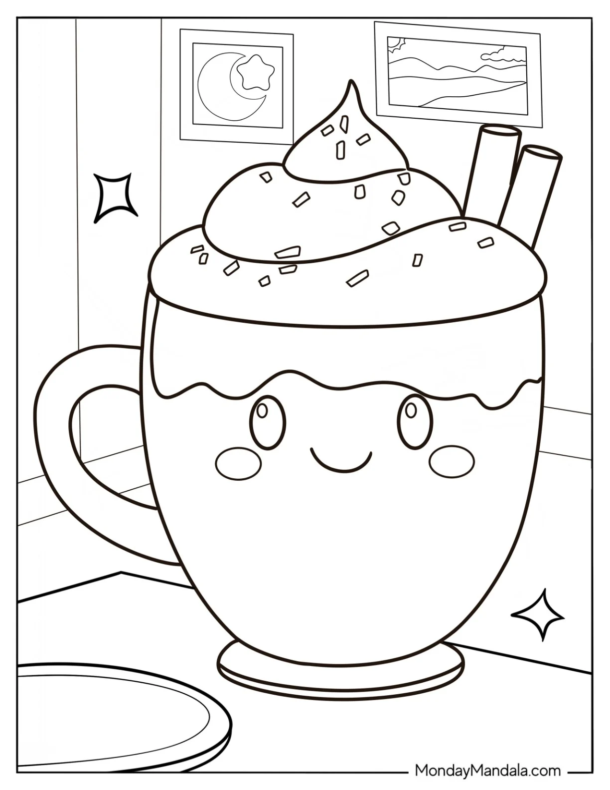 Cartoon Hot Chocolate Coloring Page With Sprinkles And Cinnamon Stick For Kids coloring page