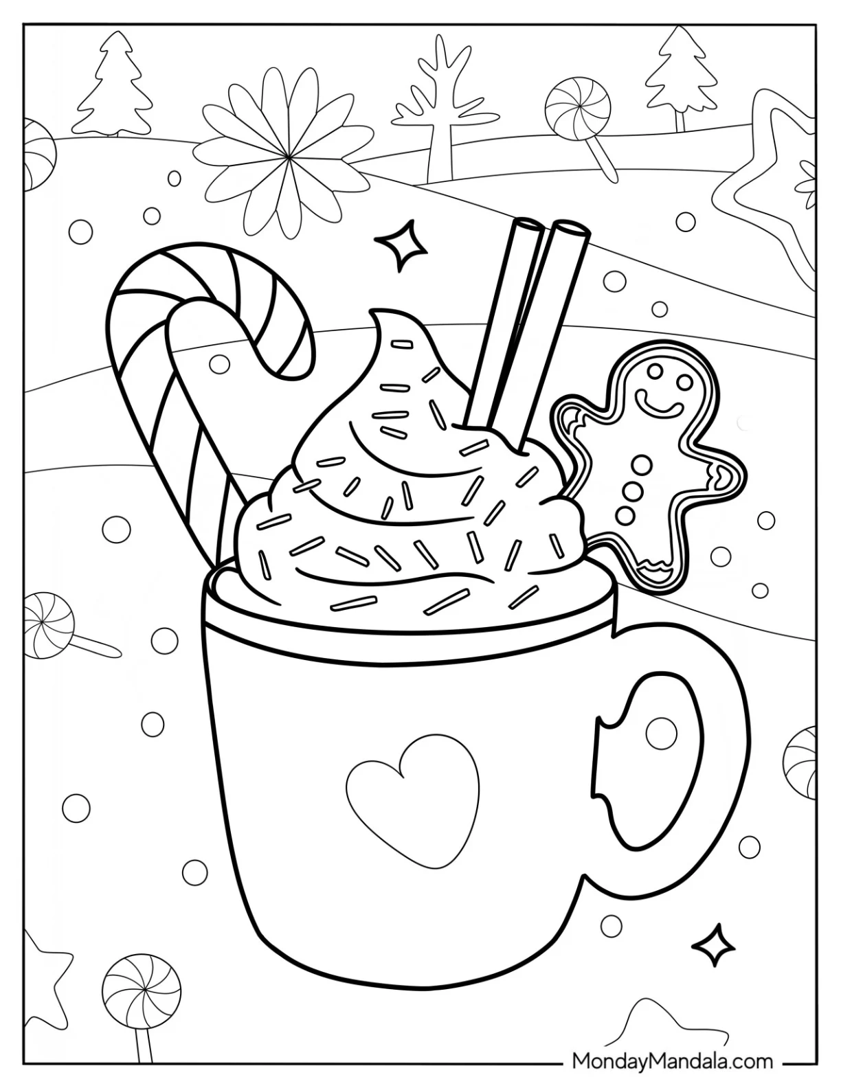 Christmas Hot Chocolate Coloring Page With Whipped Cream And Sweets coloring page