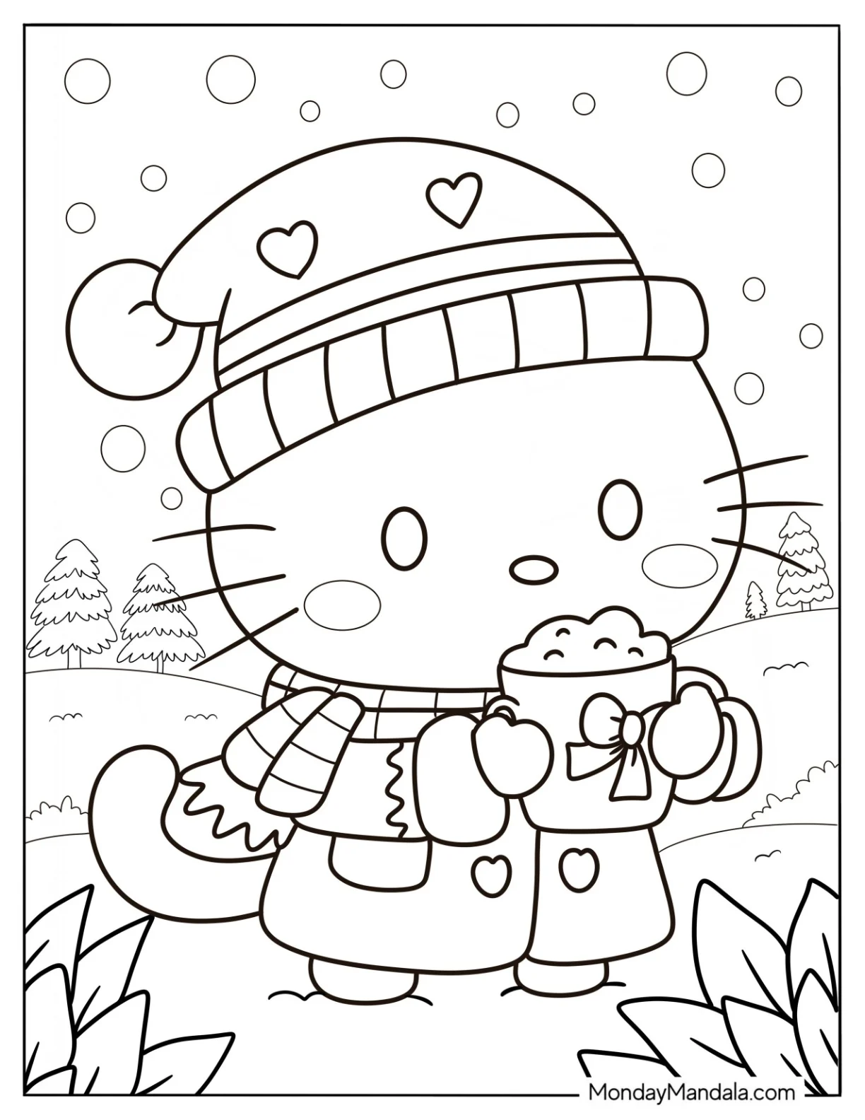 Cute Hello Kitty In The Snow Drinking Hot Chocolate Coloring Page For Kids coloring page