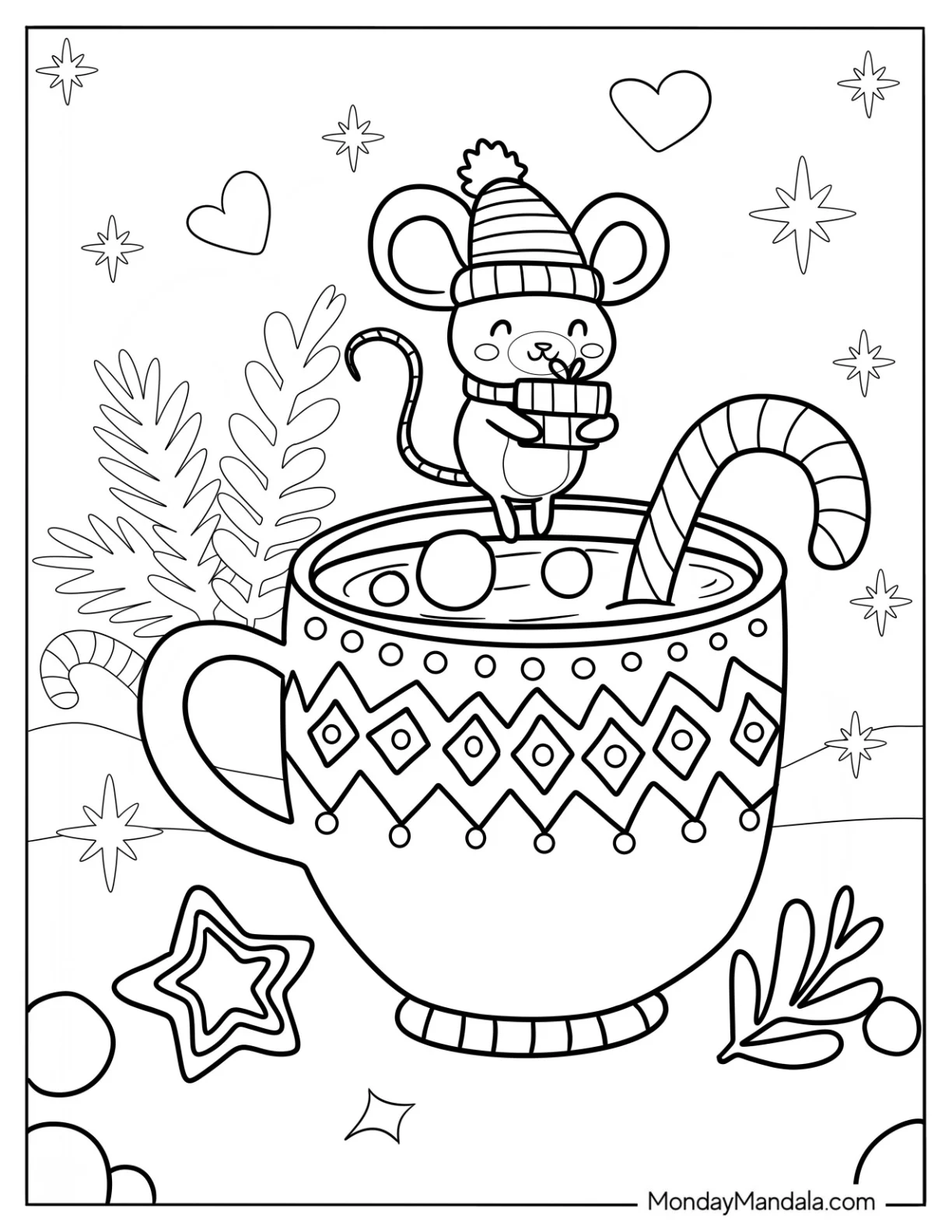 Cute Little Mouse Hugging A Present On The Rim Of A Hot Chocolate Coloring Page Of Cup coloring page