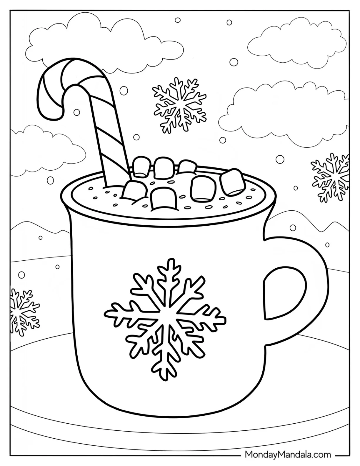 Easy Hot Chocolate Coloring Page With Candy Cane And Marshmallows coloring page — printable line art