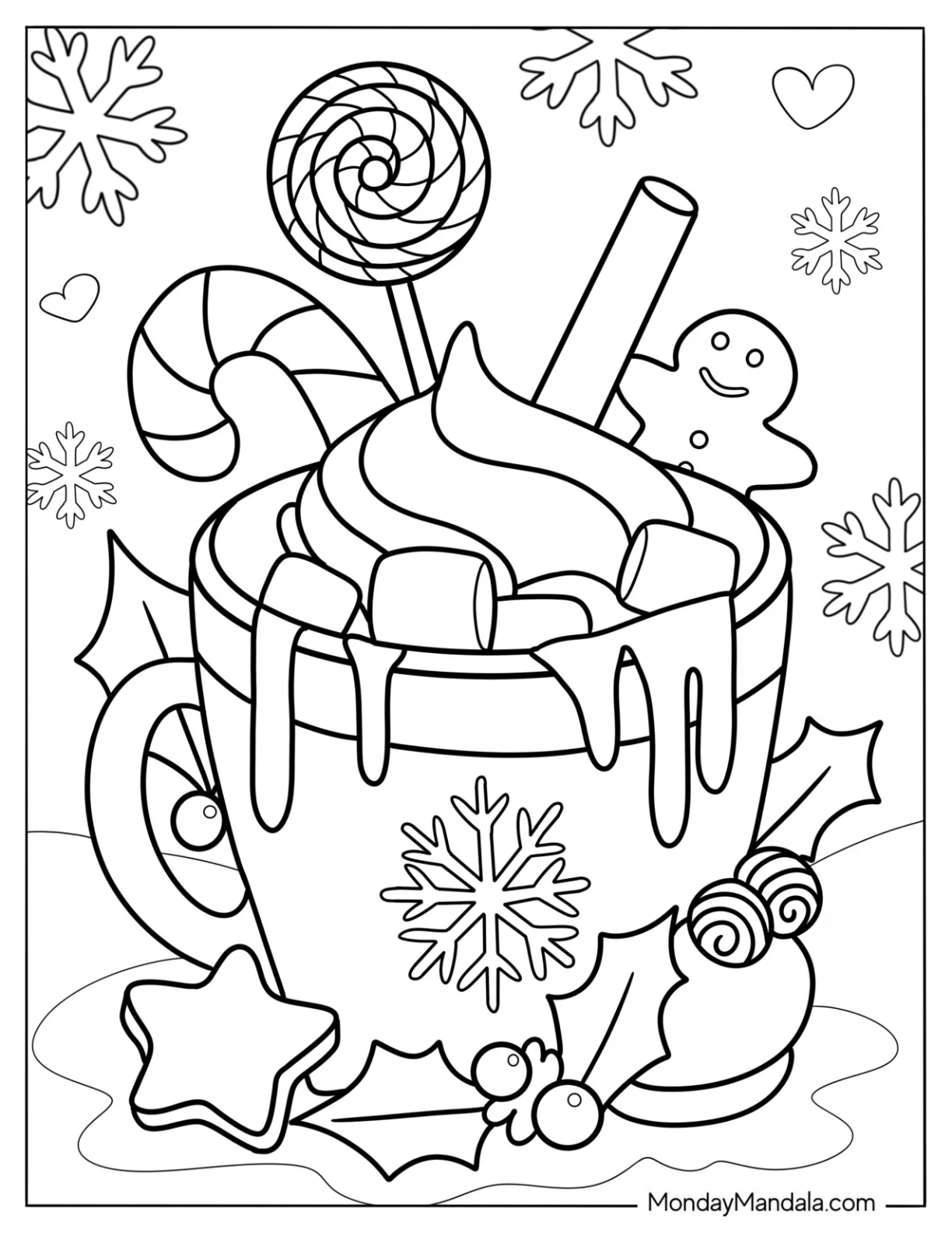 Festive Cup Of Hot Chocolate Coloring Page With Lots Of Sweets coloring page — printable line art