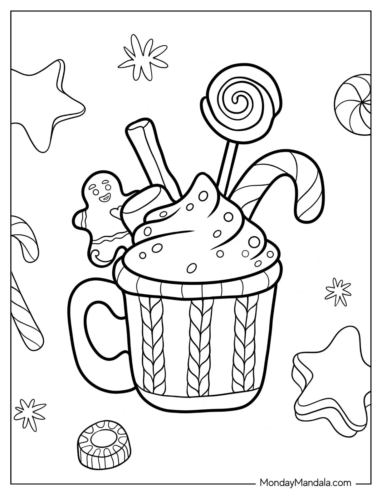 Festive Hot Chocolate Coloring Page Cup With Lollipop, Candy Cane, Cinnamon Stick, And Gingerbread Man coloring page