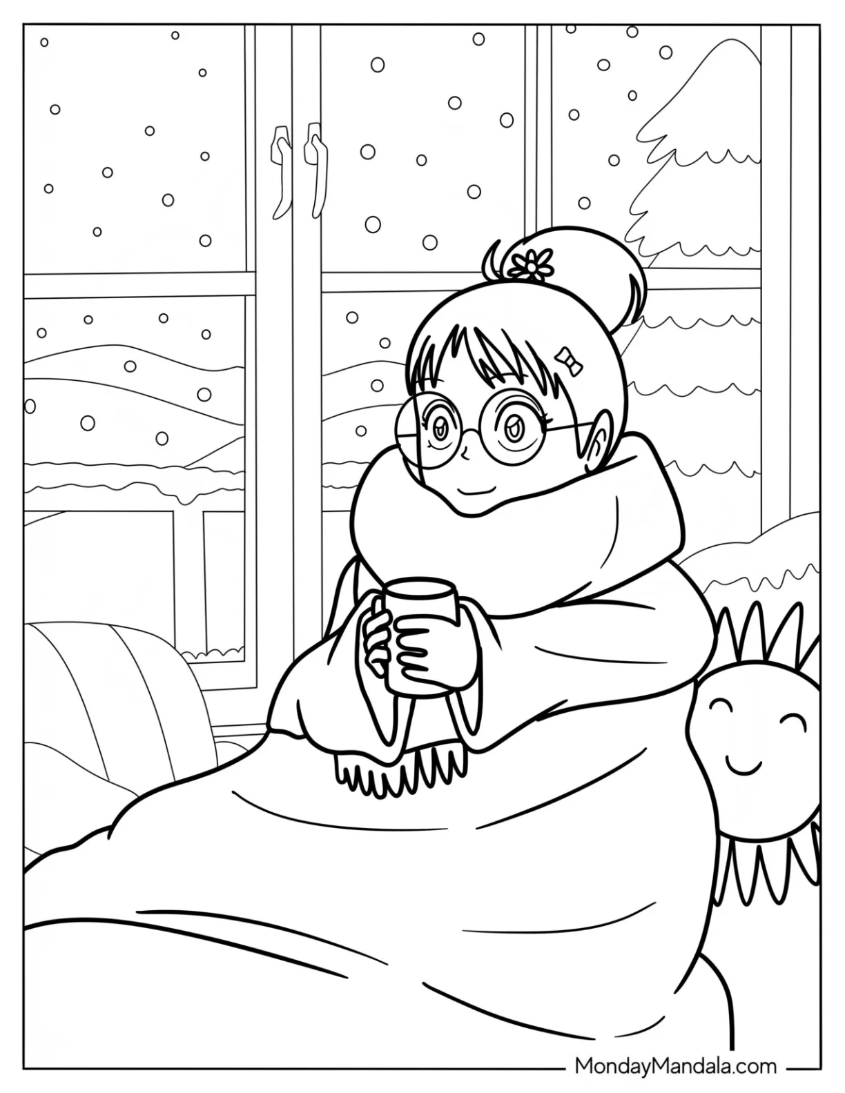 Girl Wrapped In A Blanket Holding A Cup Of Hot Chocolate Coloring Page coloring page