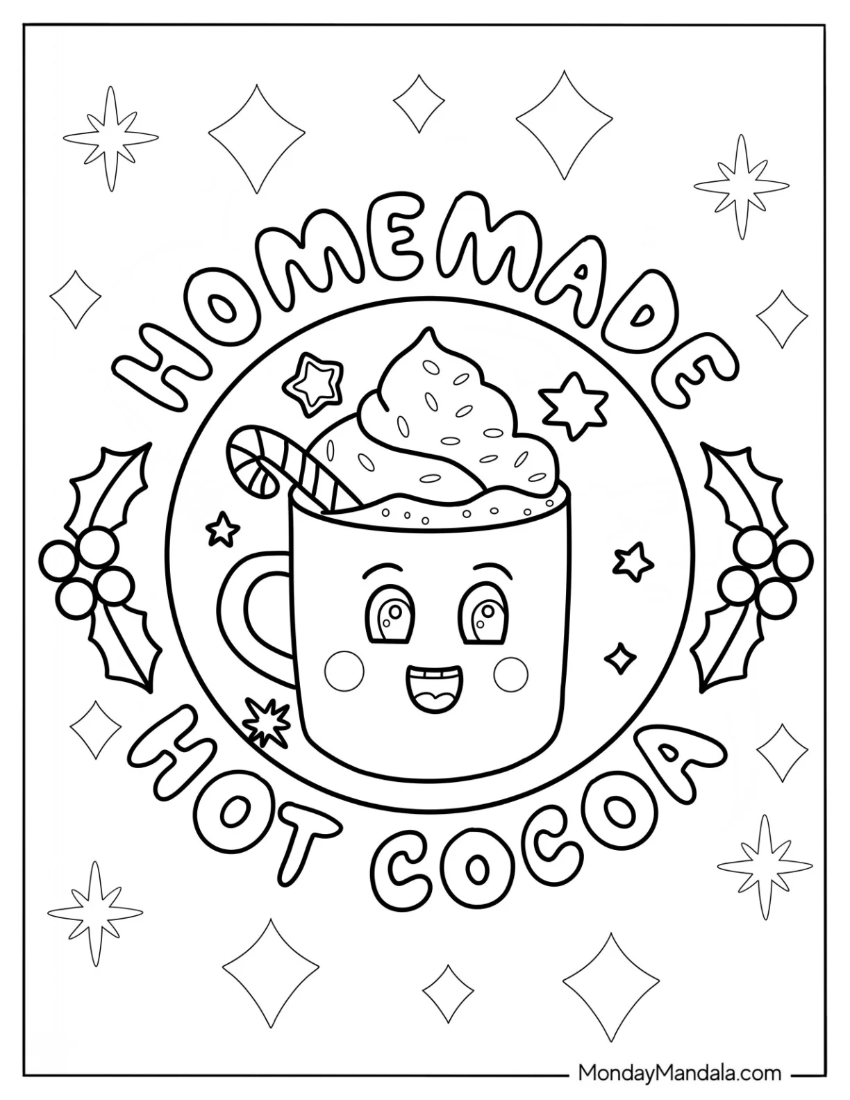 Homemade Hot Chocolate Coloring Page With Mistletoes For Kids coloring page — printable line art