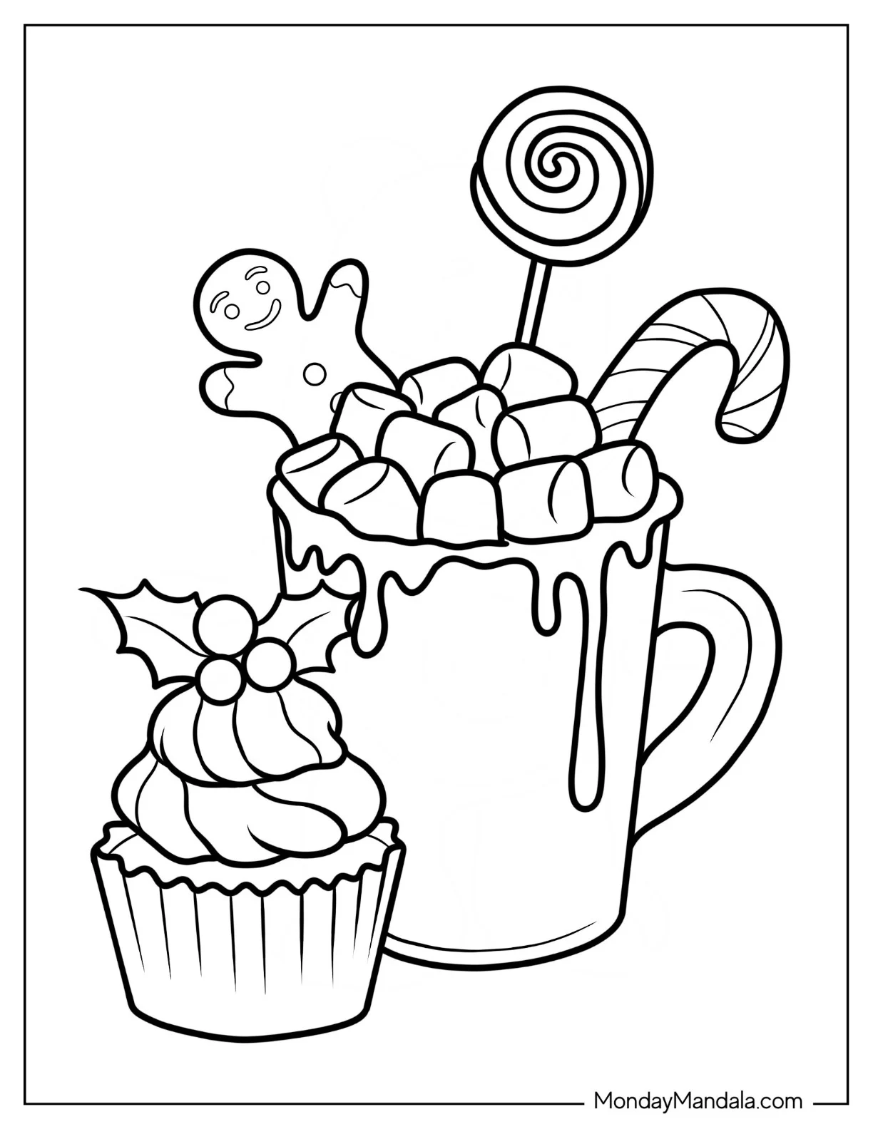 Hot Chocolate Coloring Page Drink With Toppings Beside Christmas Cupcake coloring page