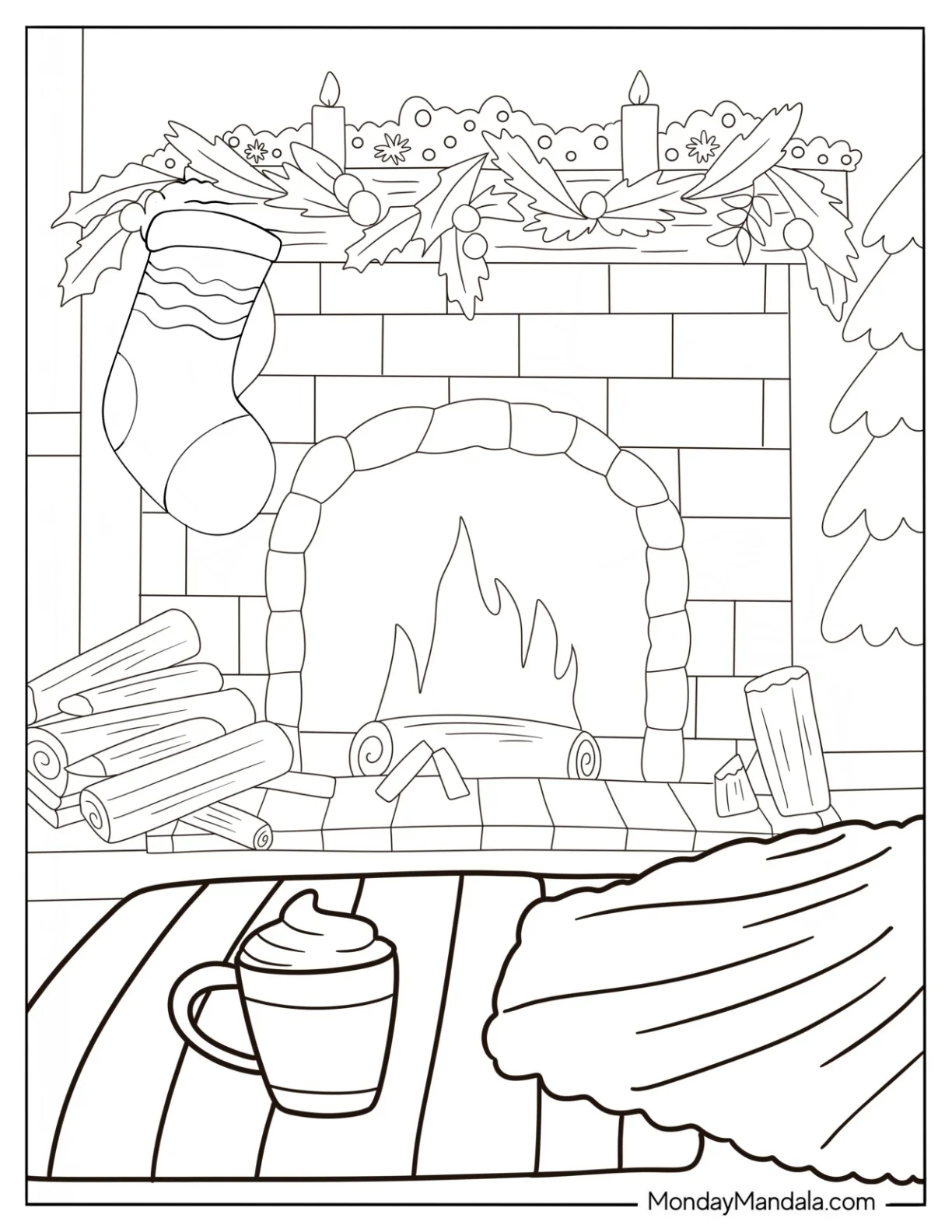 Hot Chocolate Coloring Page On A Table In Front Of A Fireplace coloring page — printable line art