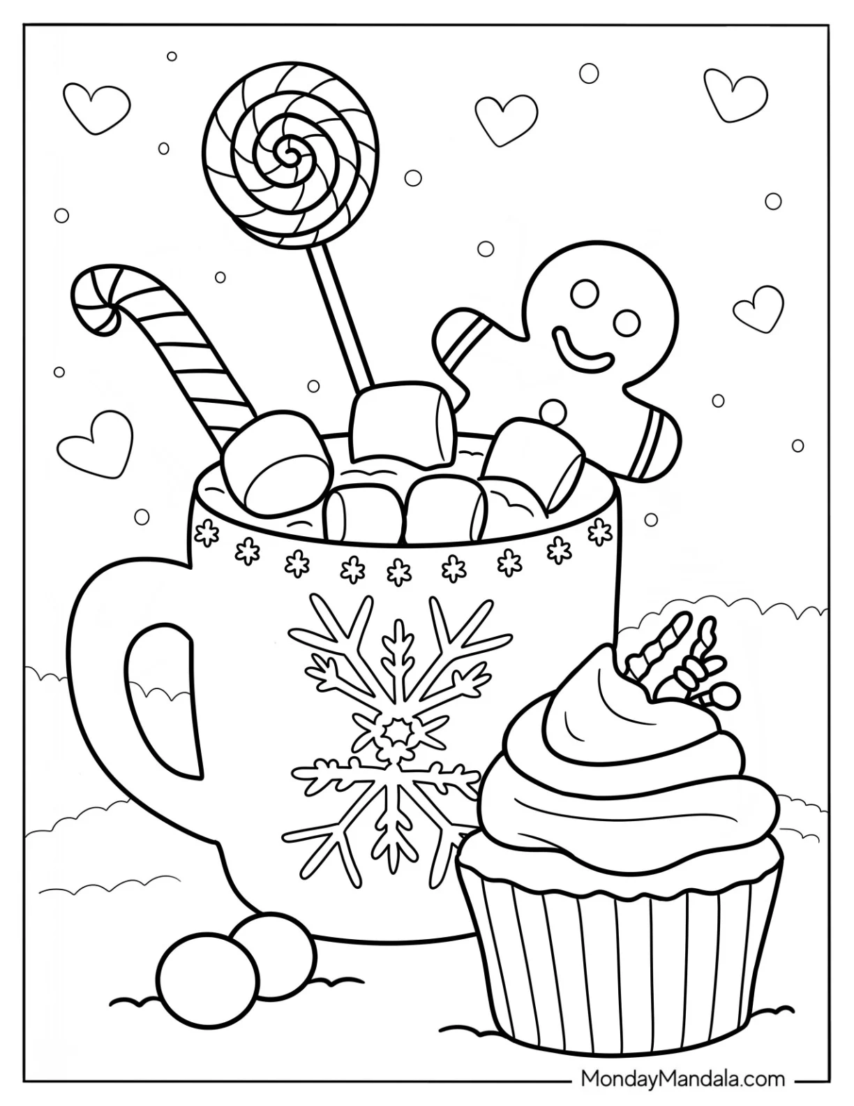 Hot Chocolate Coloring Page With Gingerbread Man, Lollipop, And Sugarcane Next To A Cupcake coloring page — printable line art