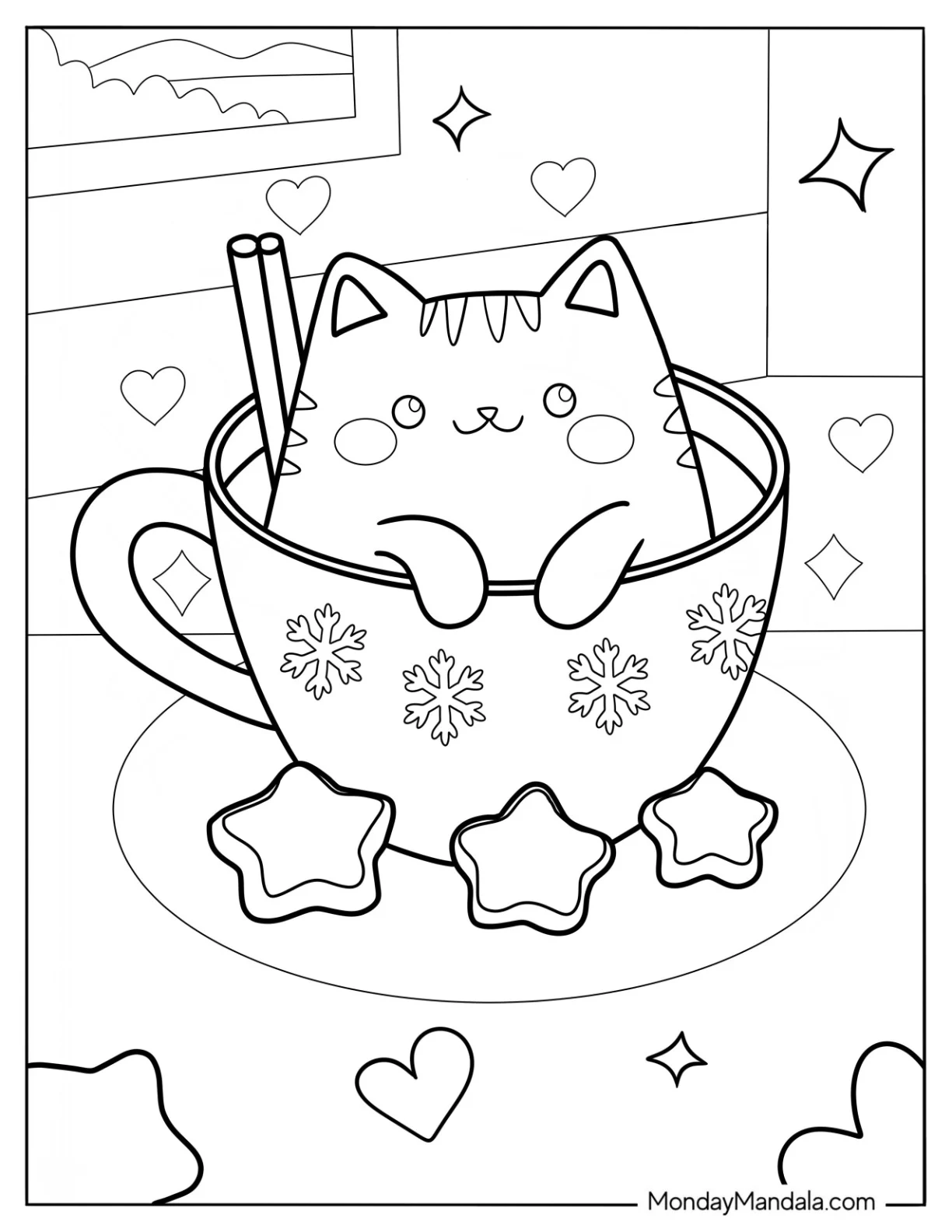 Kawaii Cat Inside A Teacup Of Hot Chocolate Coloring Page For Kids coloring page — printable line art