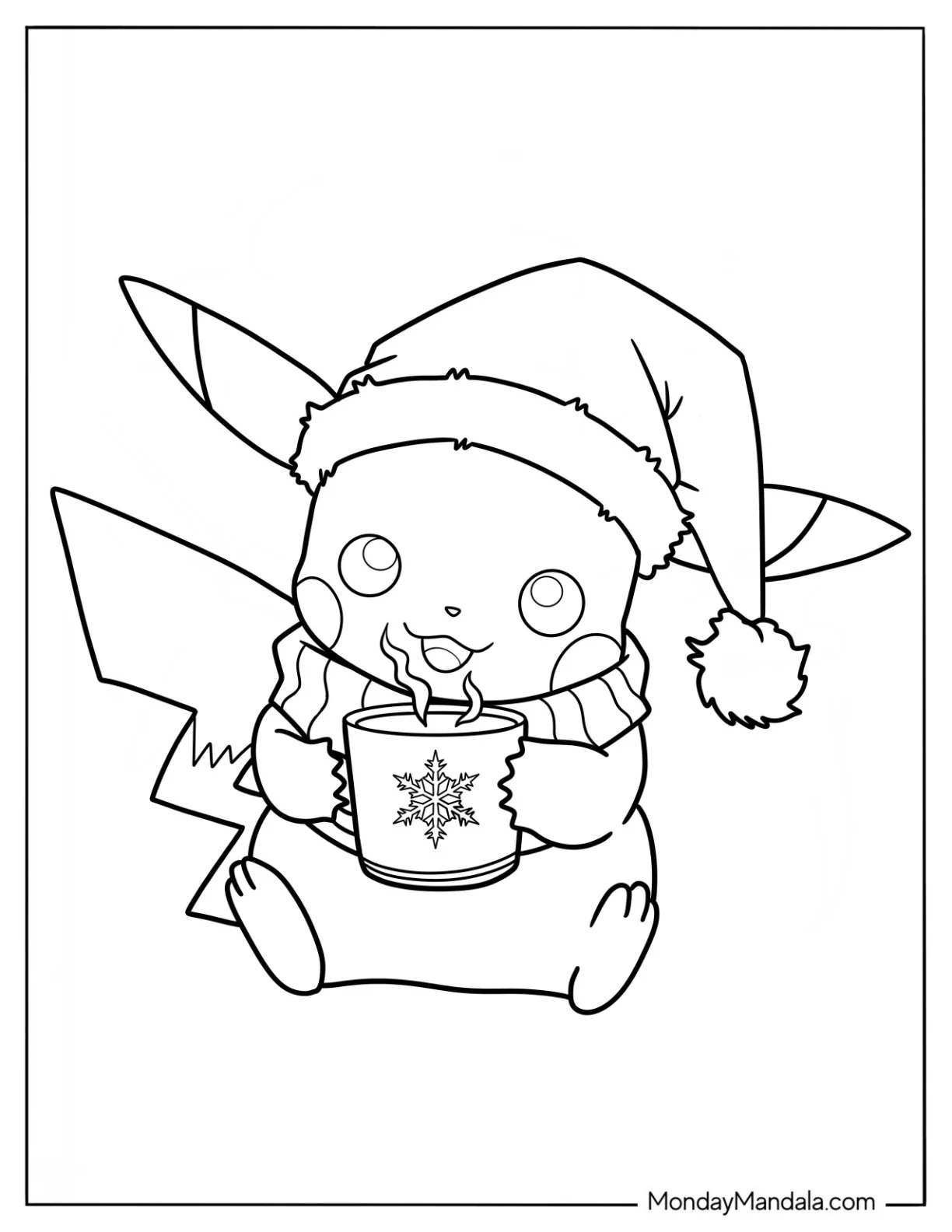 Kawaii Pikachu Drinking Hot Chocolate Coloring Page For Preschoolers coloring page — printable line art