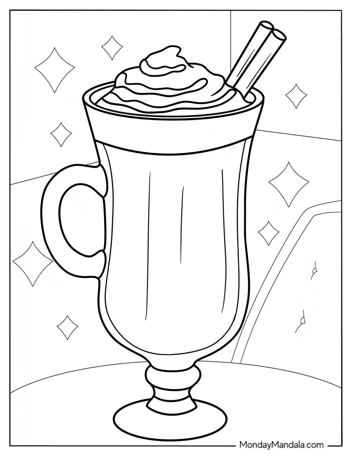 Large Glass Of Hot Chocolate Coloring Page With Whipped Cream And Cinnamon Sticks coloring page
