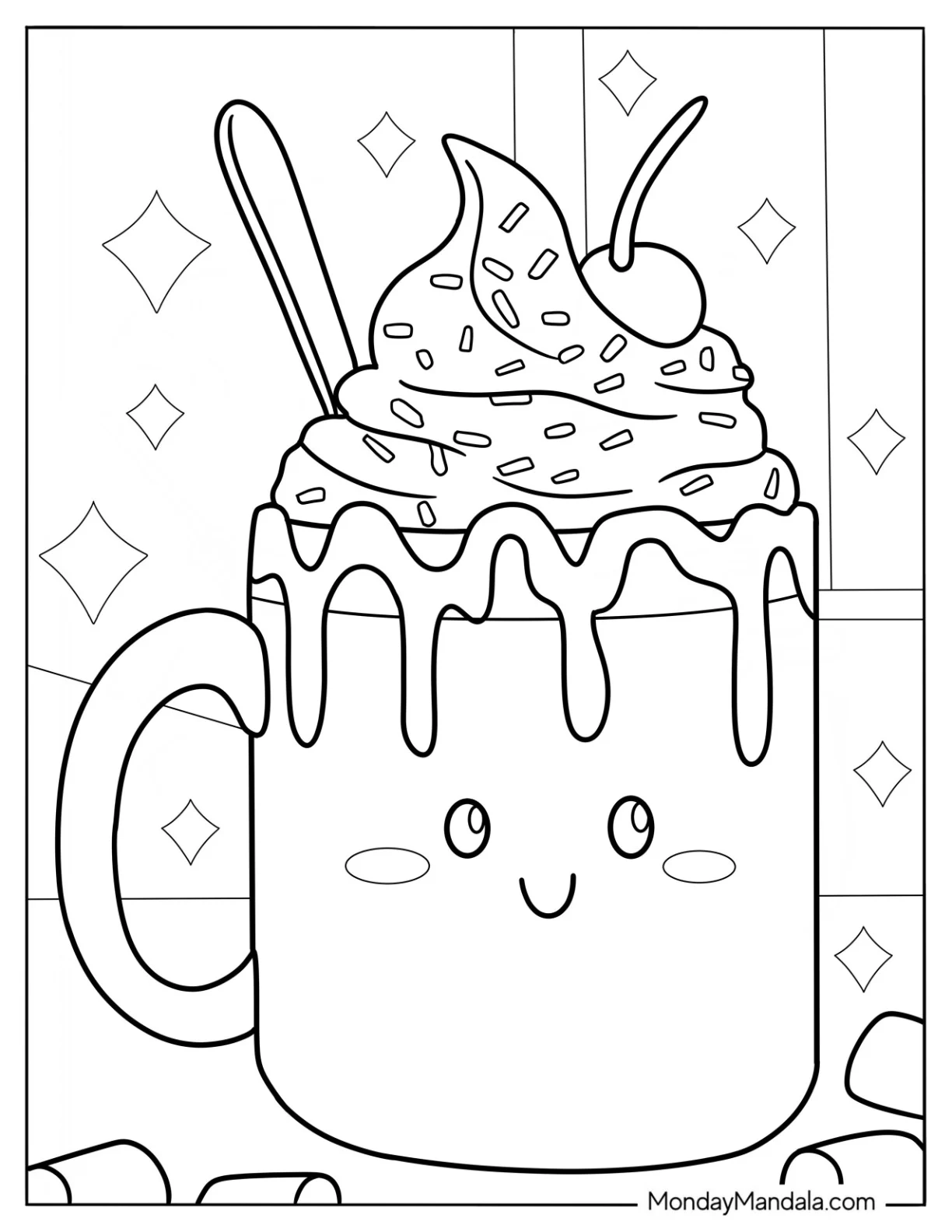 Overflowing Cup Of Hot Chocolate Coloring Page With Sprinkles coloring page — printable line art