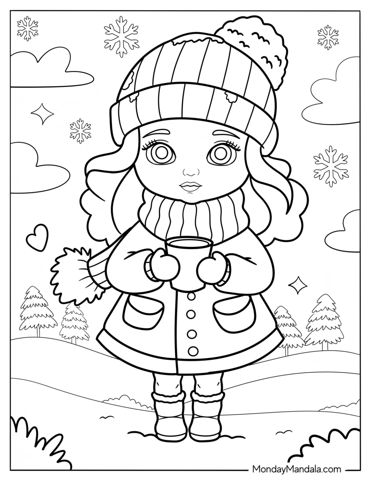 Pretty Little Girl In Her Winter Coat Holding A Hot Chocolate Coloring Page coloring page