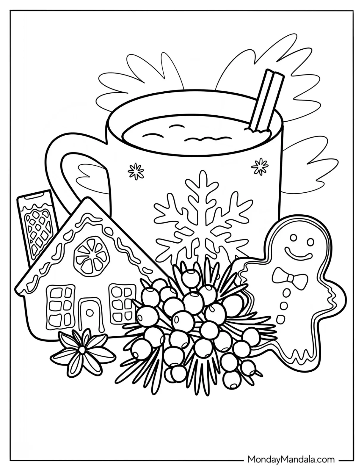 Realistic Hot Chocolate Coloring Page With Cinnamon Stick, Gingerbread Man, And Gingerbread House coloring page — printable line art