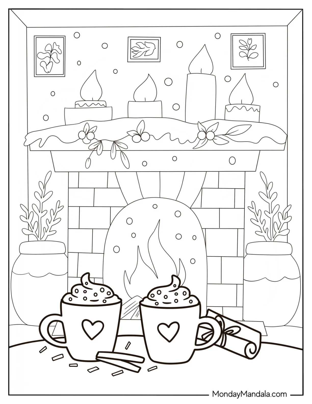 Two Cups Of Hot Chocolate Coloring Page In Front Of The Fireplace coloring page — printable line art