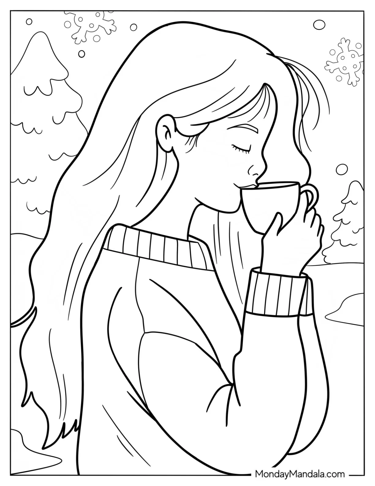 Woman Drinking Hot Chocolate Coloring Page In The Snow For Kids coloring page