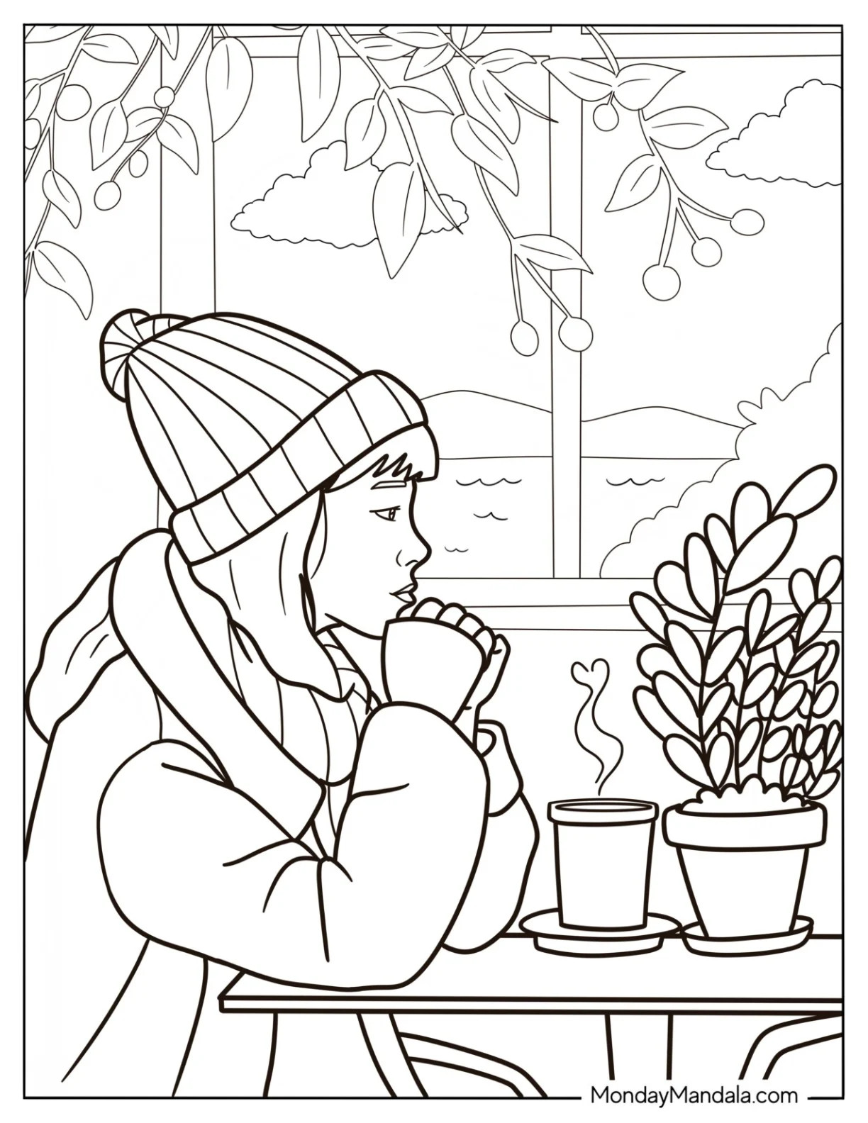 Woman Sitting By The Window With A Hot Chocolate Coloring Page On The Table coloring page
