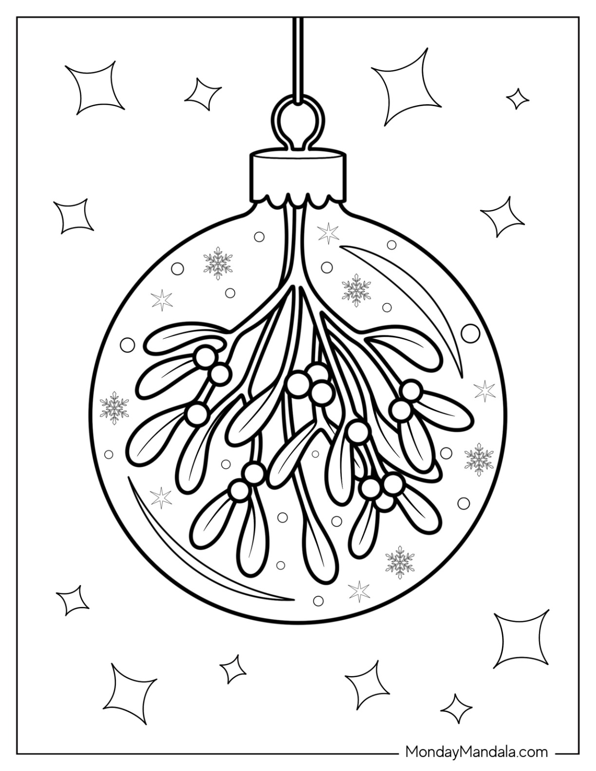 Christmas Ball Decoration Filled with Mistletoe Coloring Page Berries for Kids coloring page — printable line art