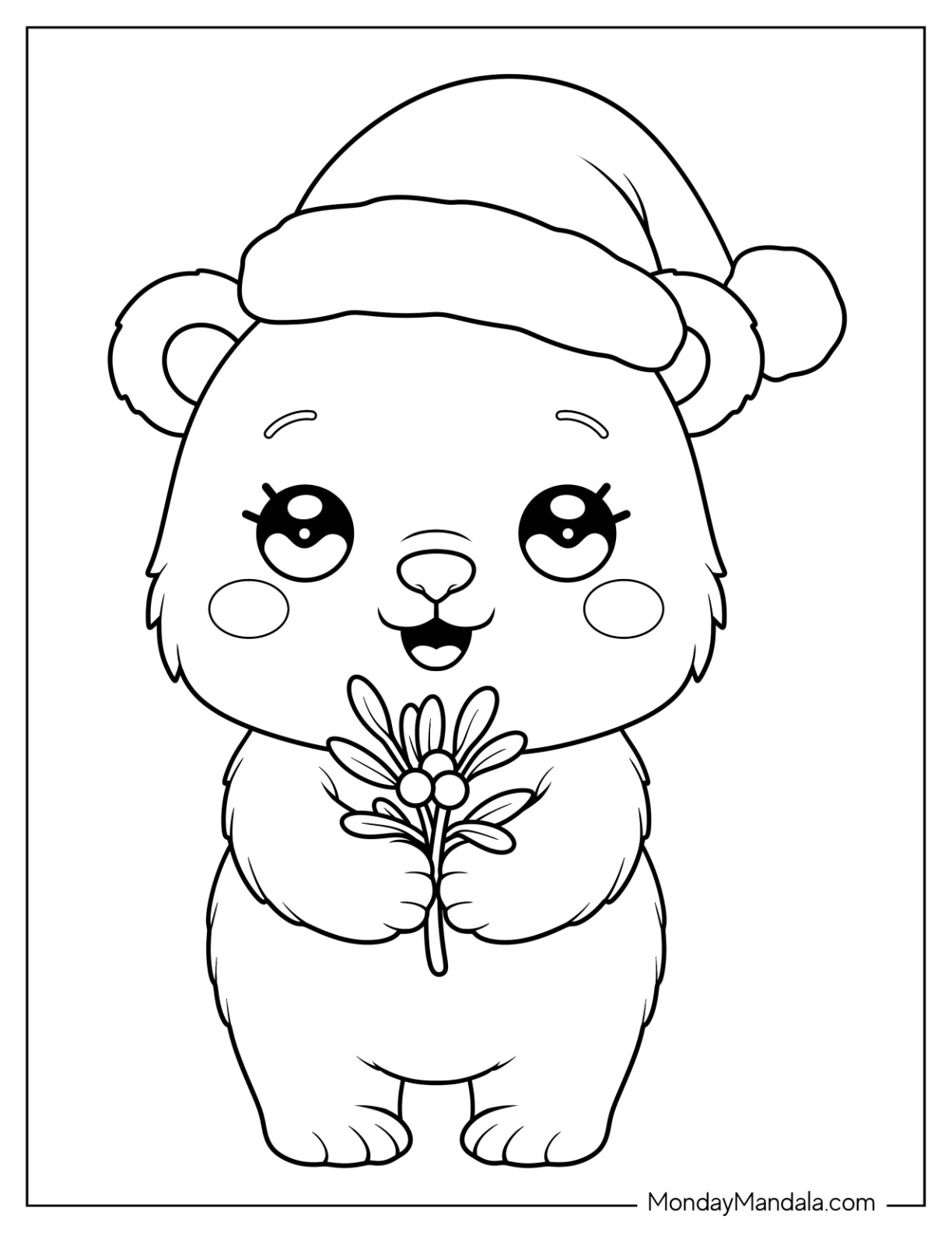 Christmas Bear Holding Mistletoe Coloring Page with Santa Hat for Kids coloring page — printable line art