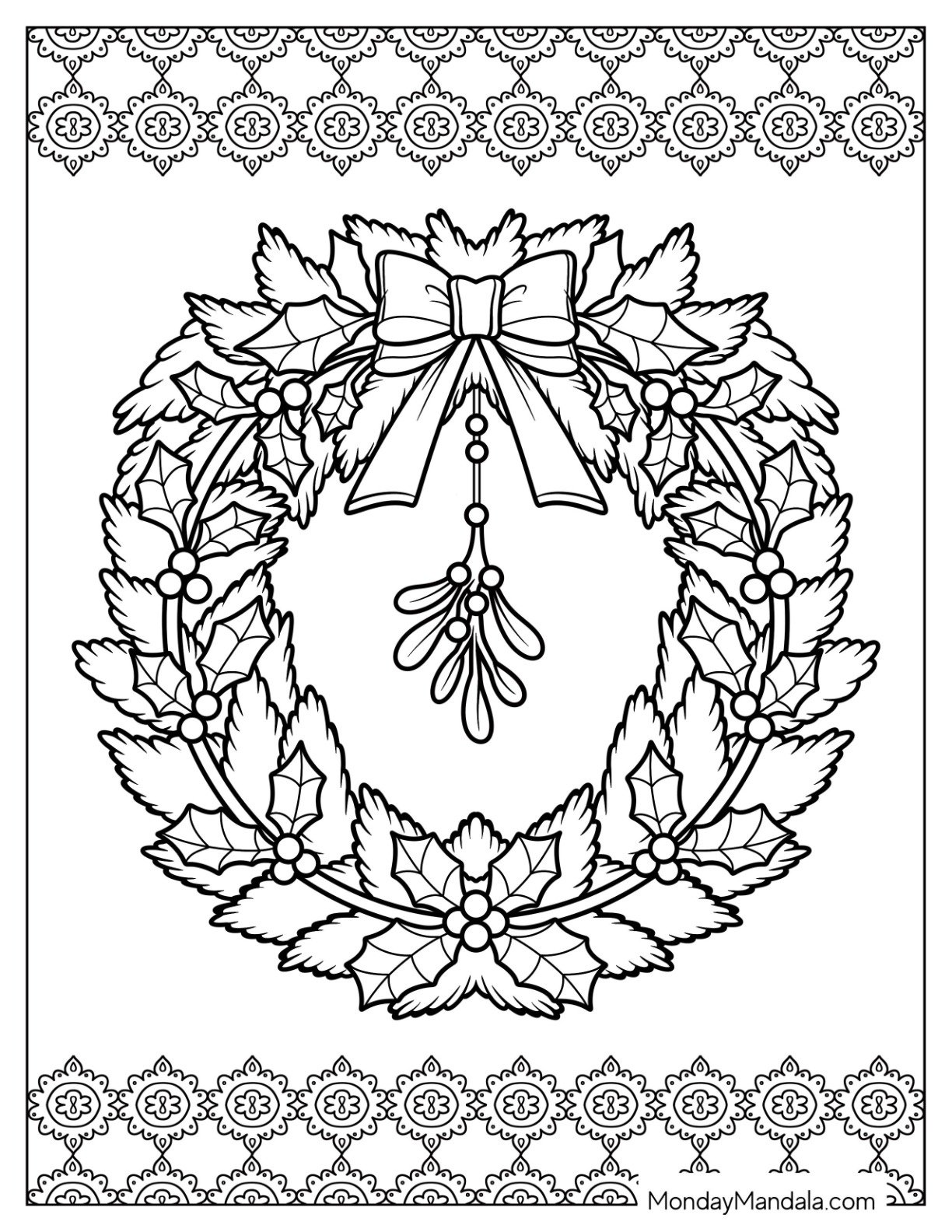 Christmas Wreath with Holly Leaves, Bow, and Mistletoe Coloring Page coloring page — printable line art