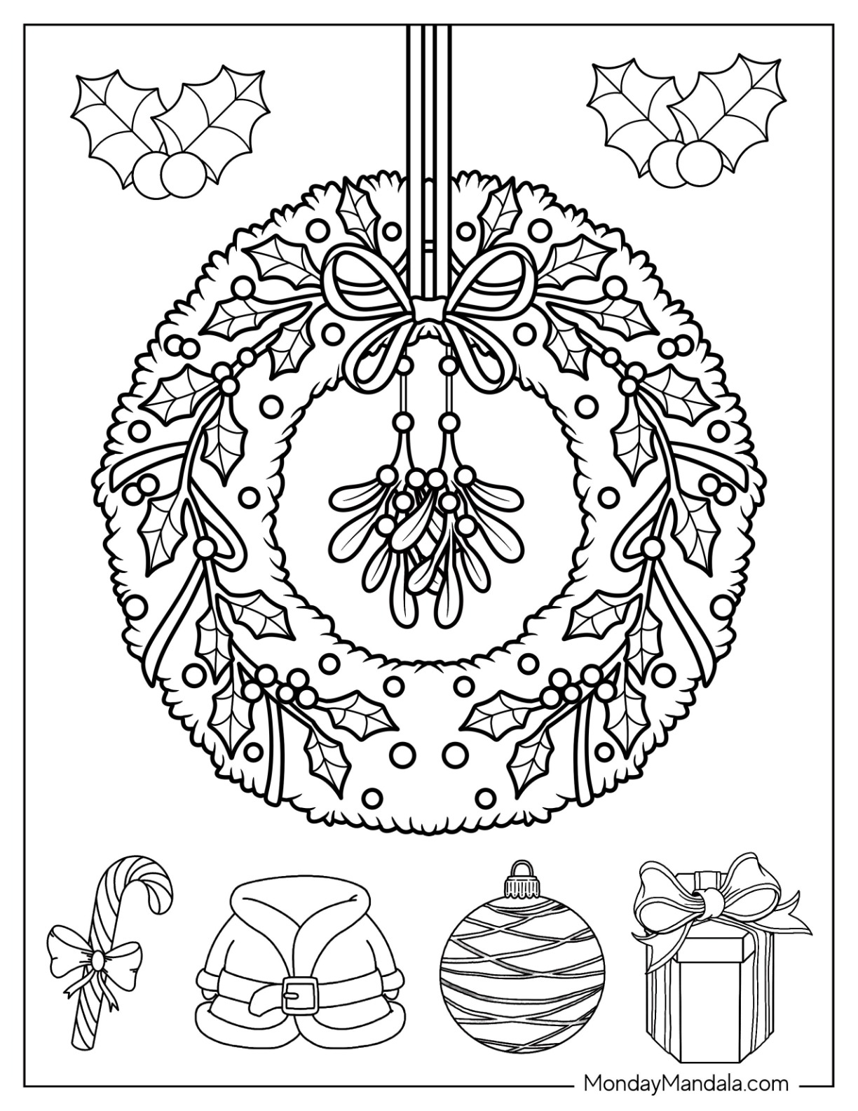 Christmas Wreath with Mistletoe and Holiday Icons coloring page — printable line art