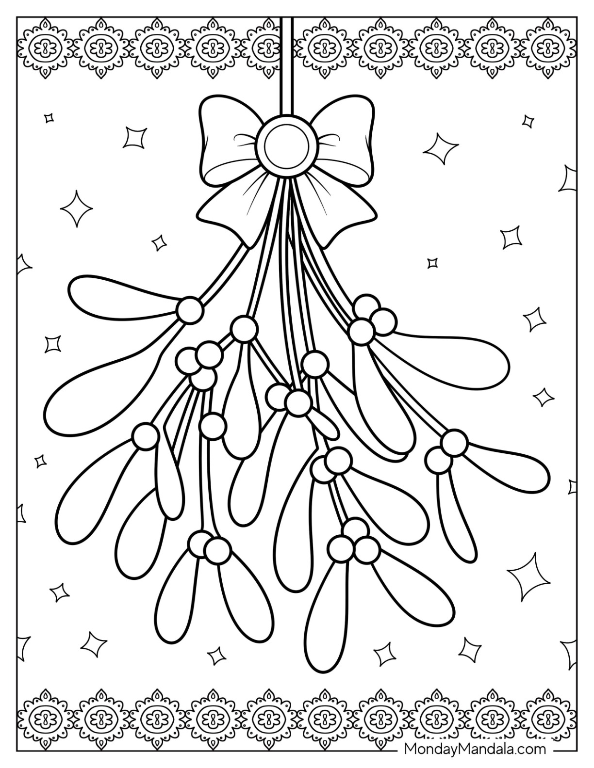 Decorative Mistletoe Coloring Page with Bow and Star Accents for Kids coloring page