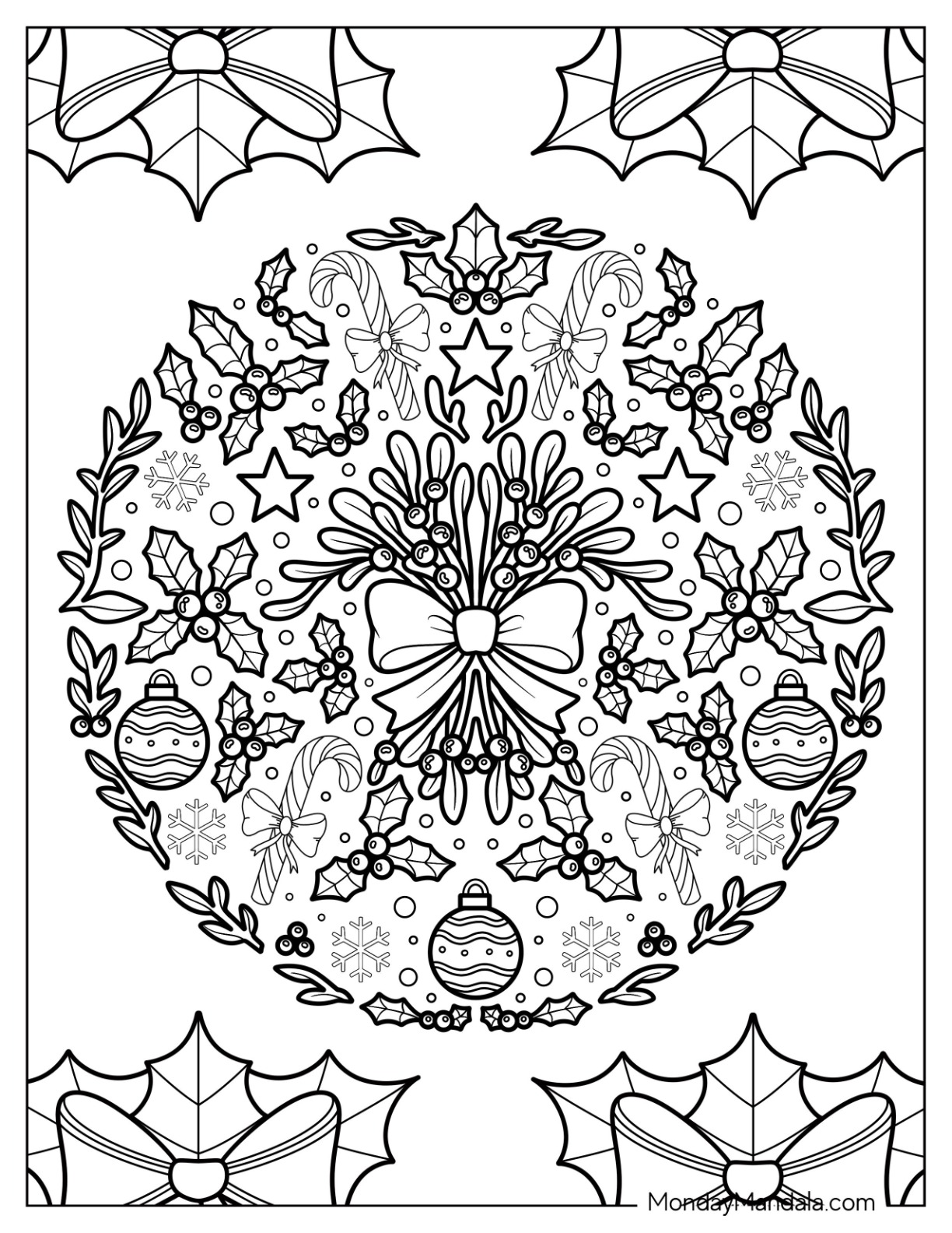 Detailed Christmas Mandala with Mistletoe Coloring Page, Bows, and Holiday Ornaments coloring page
