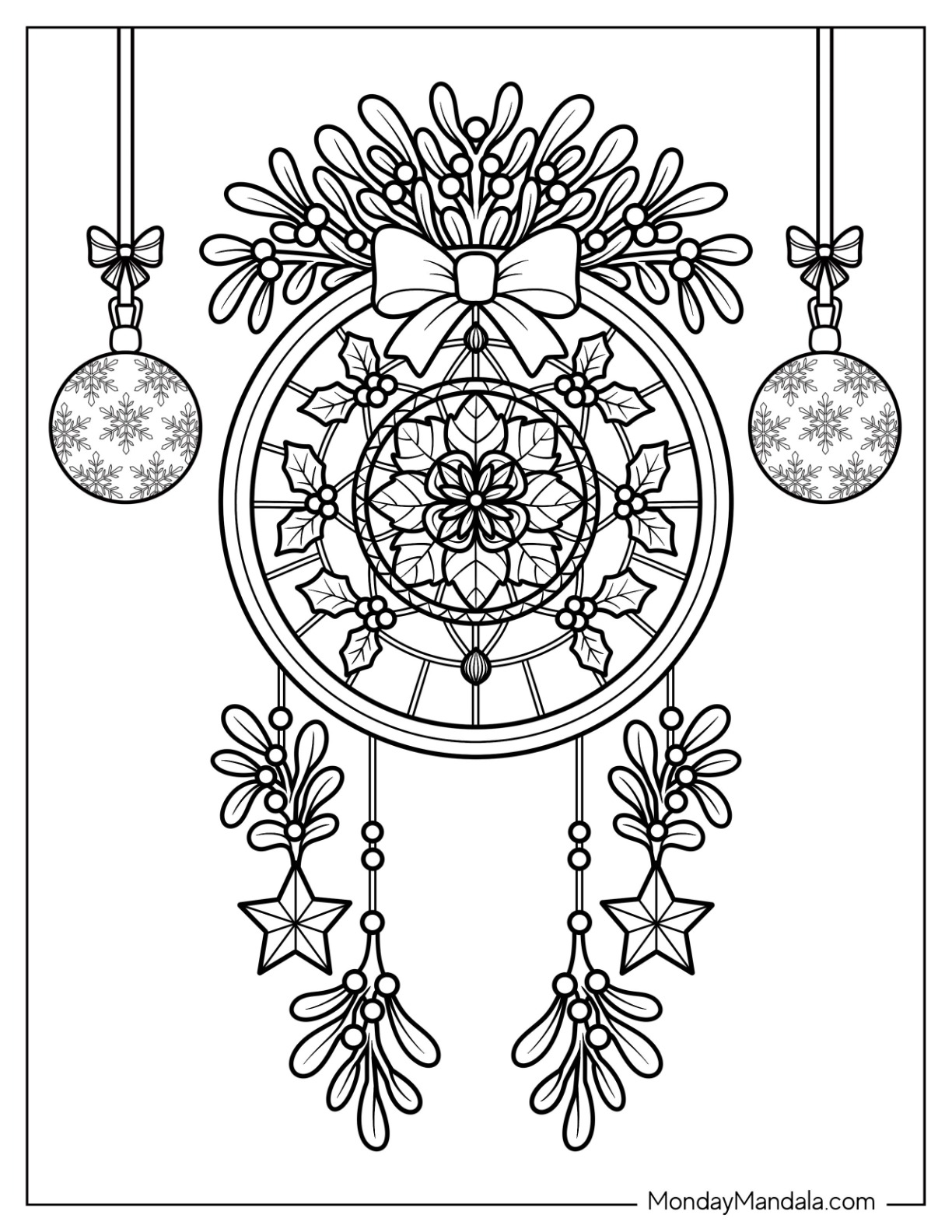 Elegant Mandala Dreamcatcher with Mistletoe Coloring Page Garland and Baubles coloring page