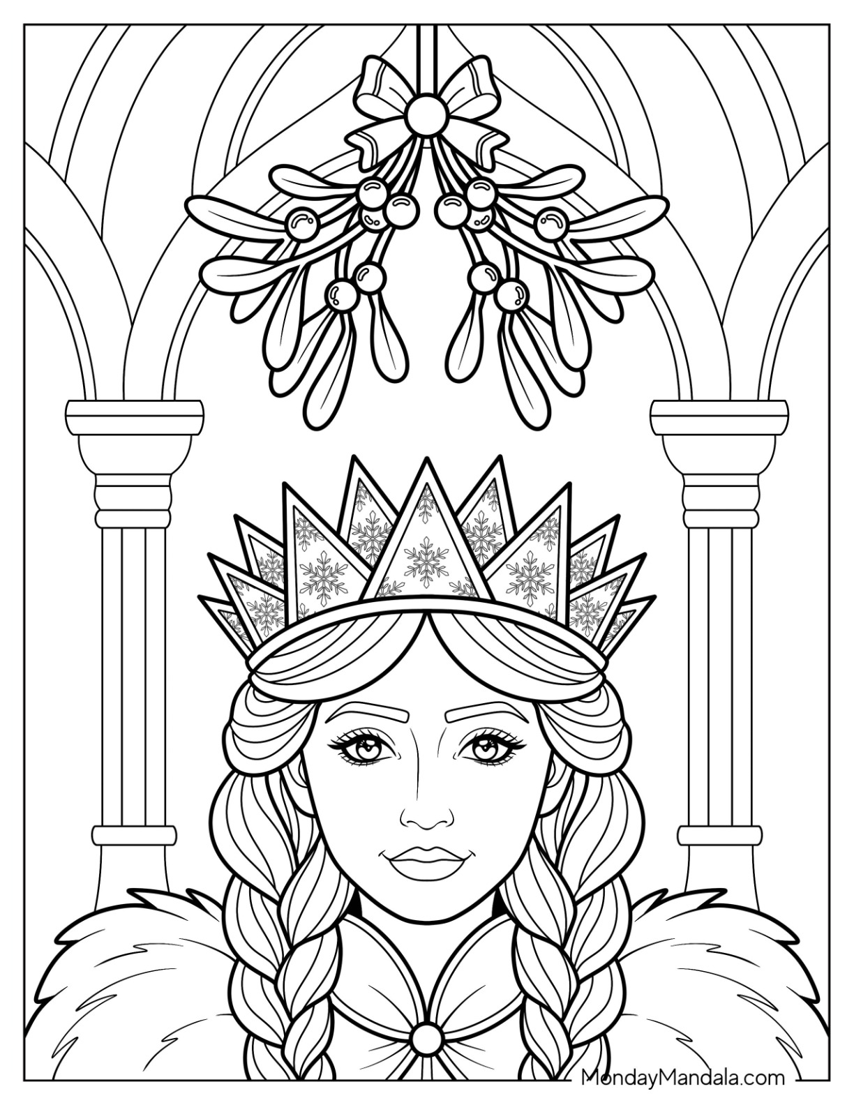 Elegant Winter Princess Standing Beneath Mistletoe Coloring Page coloring page