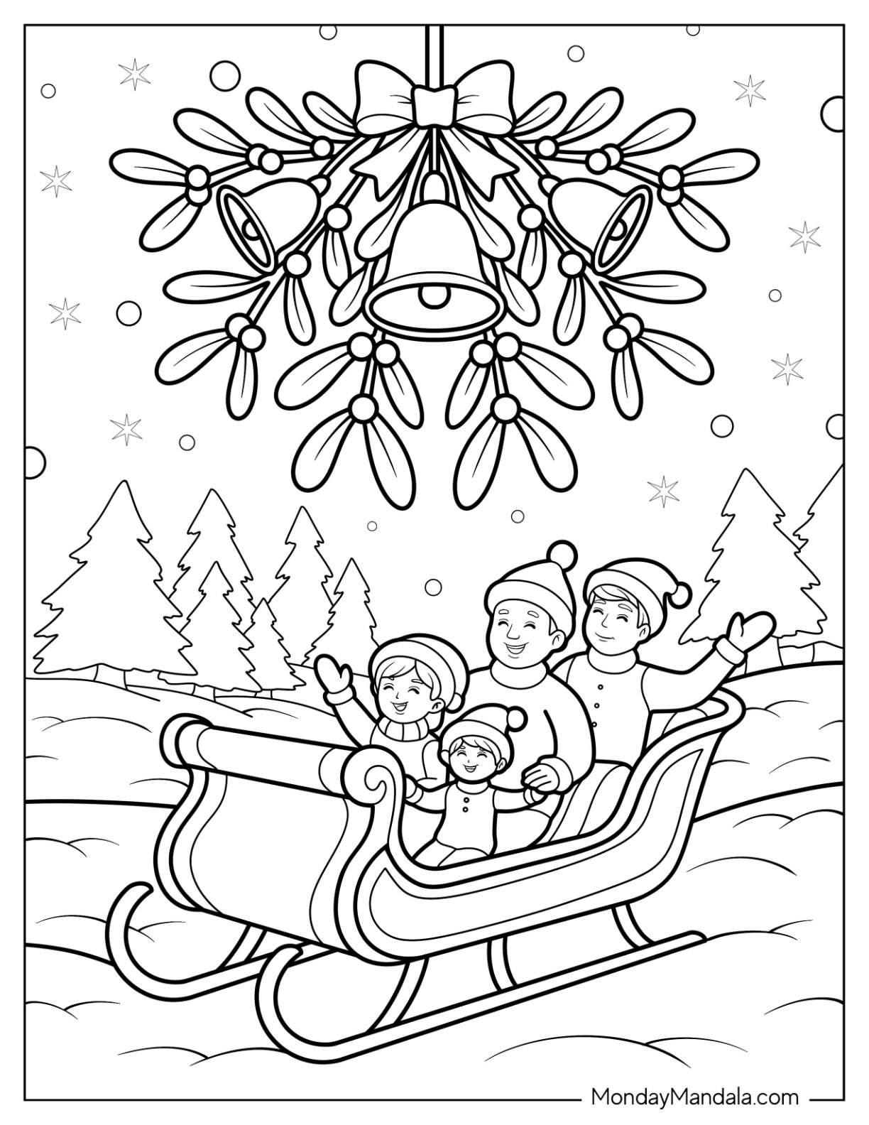 Family Sleigh Ride Under Hanging Mistletoe Coloring Page and Bells for Kids coloring page