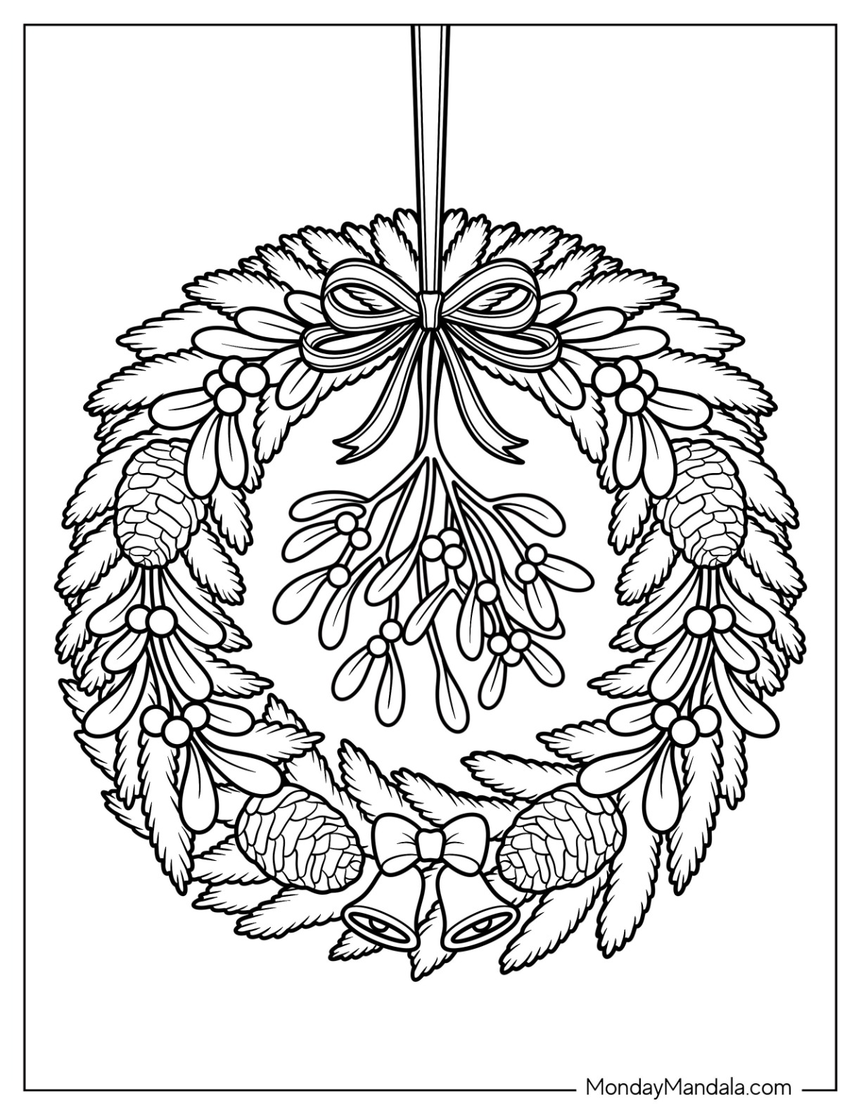 Festive Holiday Wreath Decorated with Mistletoe Coloring Page and Bells coloring page