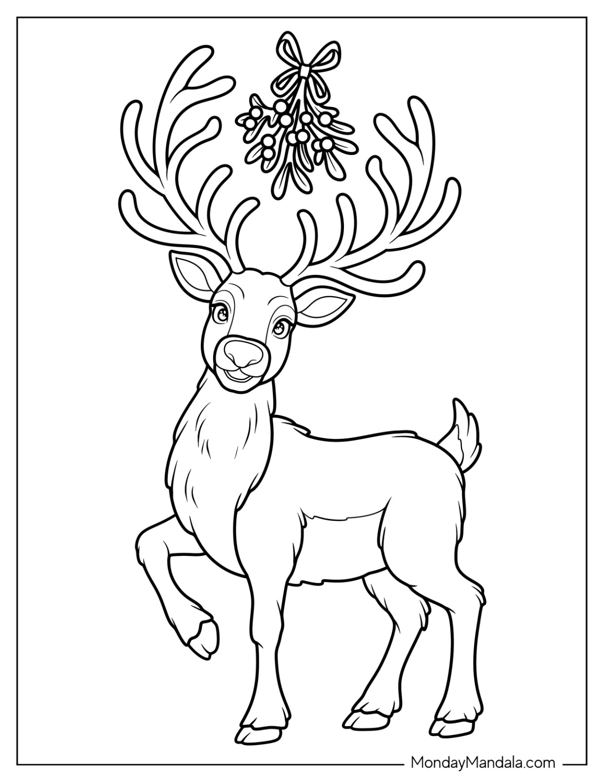 Holiday Deer Posing Beneath Mistletoe Coloring Page Sprig for Kids coloring page — printable line art