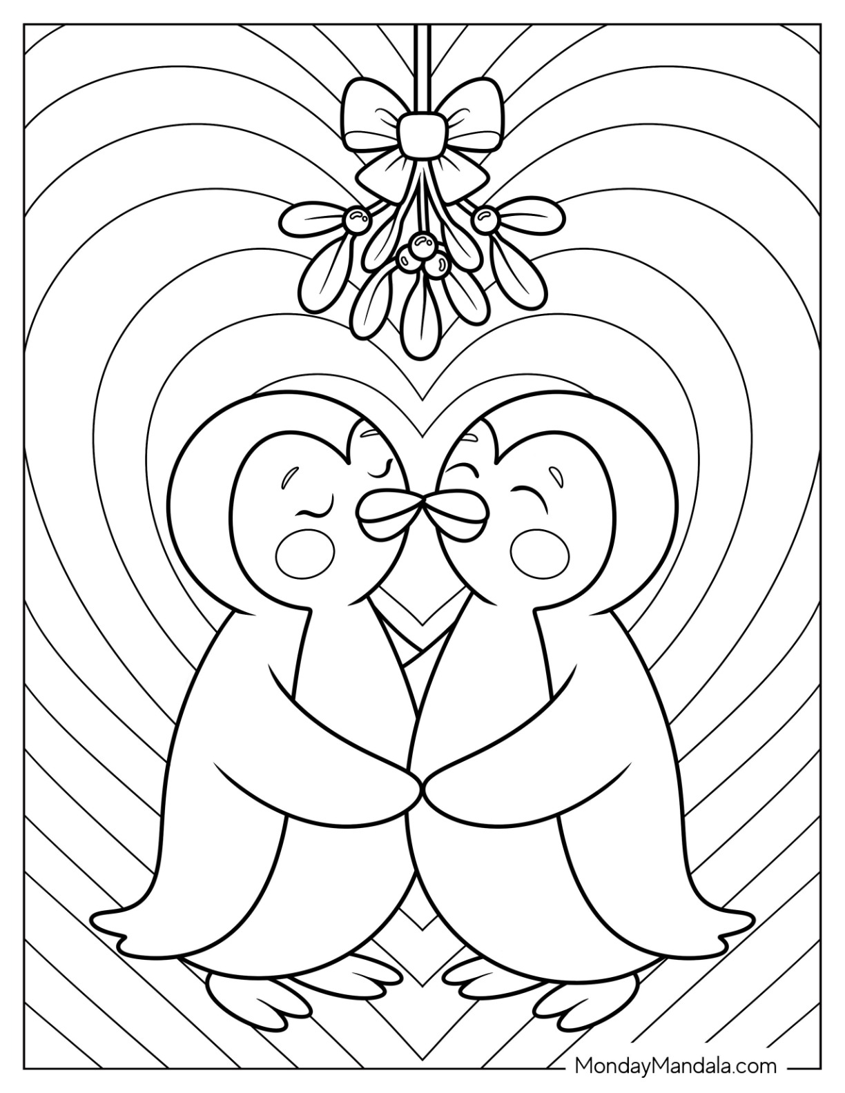 Kissing Penguins Under Mistletoe Coloring Page with Heart Background for Kids coloring page