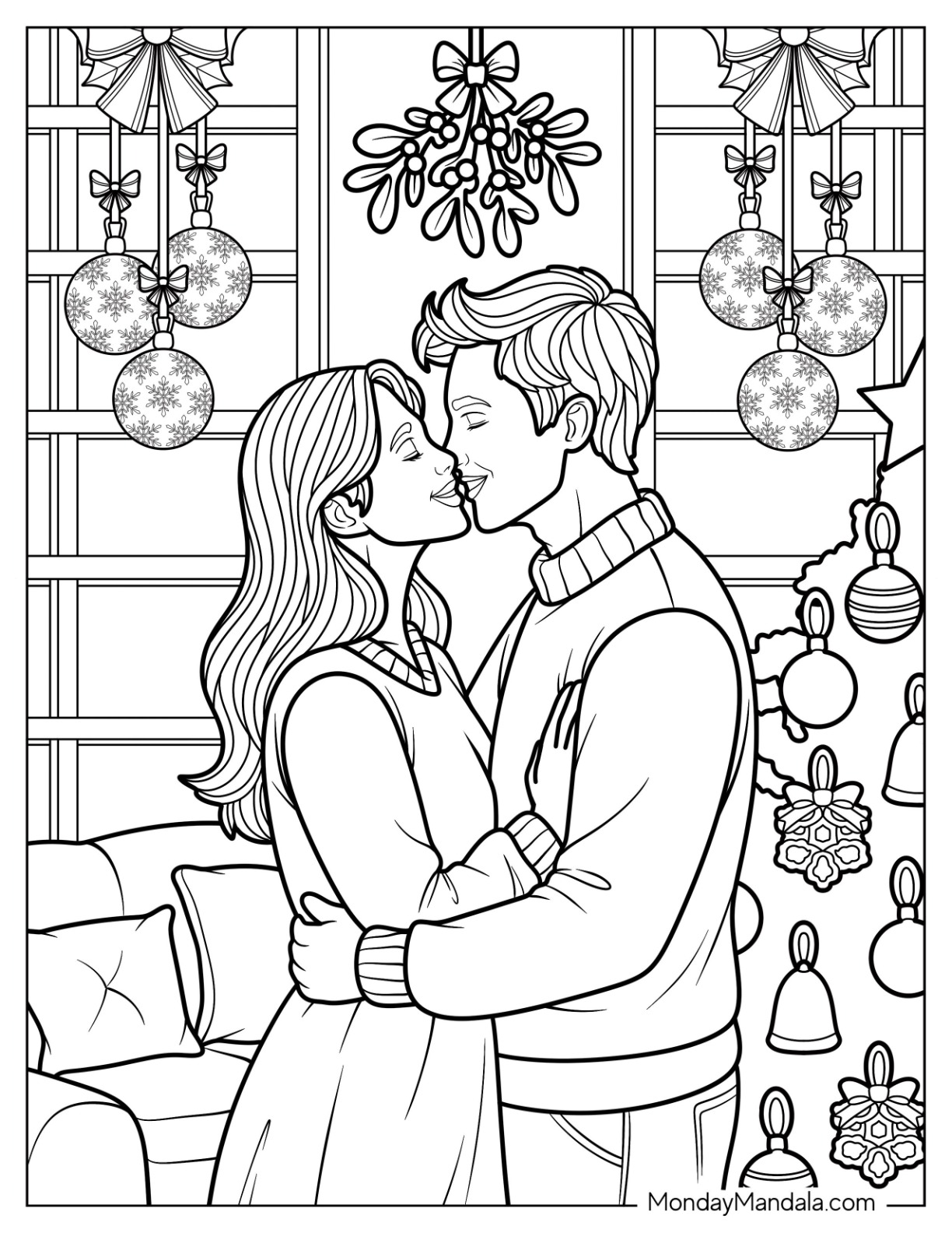 Romantic Couple Kissing Under Mistletoe Coloring Page in Holiday Living Room coloring page