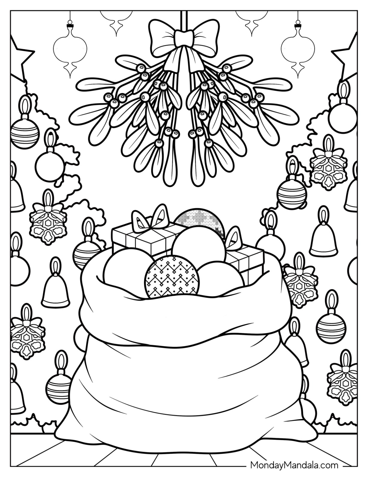 Santa’s Sack of Toys Beneath Mistletoe Coloring Page and Baubles coloring page — printable line art