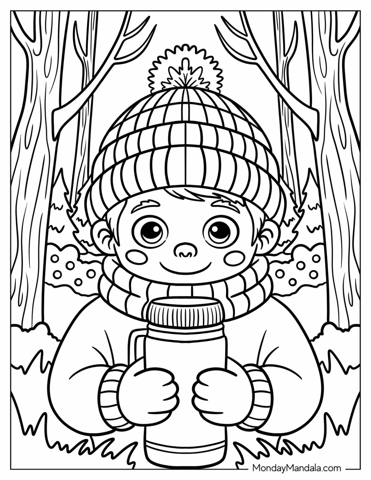 Boy Holding Hot Drink with Mittens Coloring Page for Kids coloring page