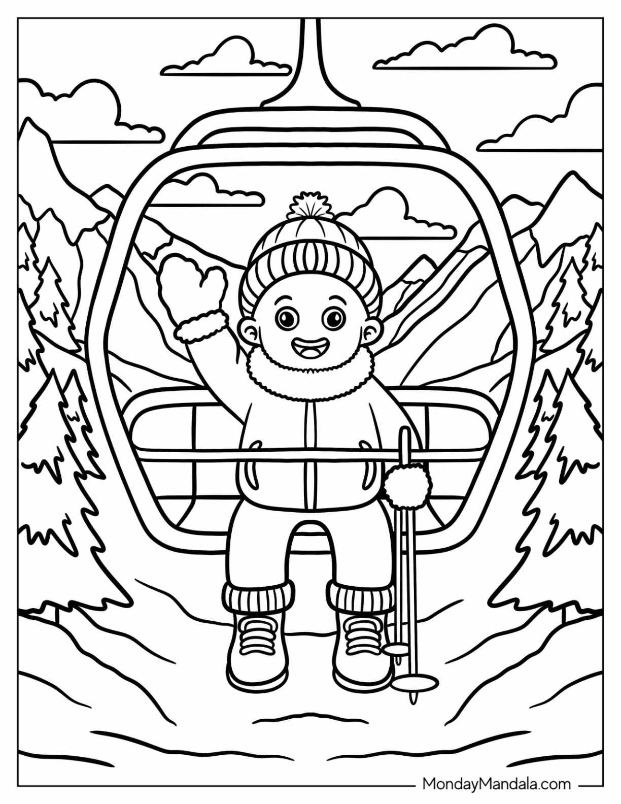 Boy in a Ski Lift Wearing Mittens Coloring Page and Waving for Kids coloring page