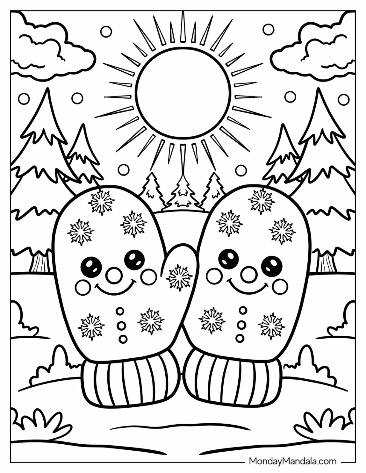 Cartoon Mittens Coloring Page with Snowflake Patterns in the Woods for Preschoolers coloring page